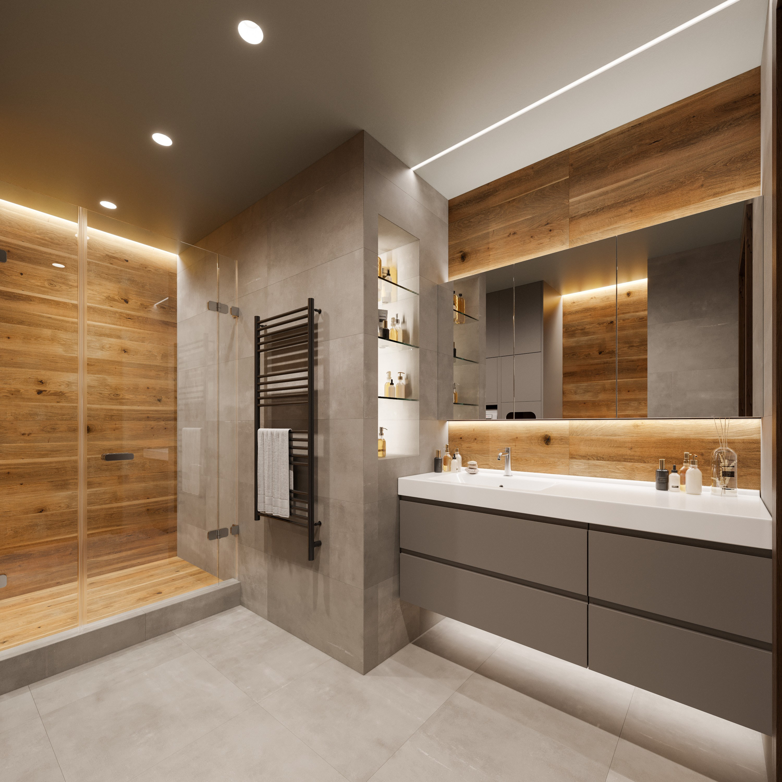 Интерьер санузла в современном стиле: крупная плитка, подвесная сантехника и встроенные полки.