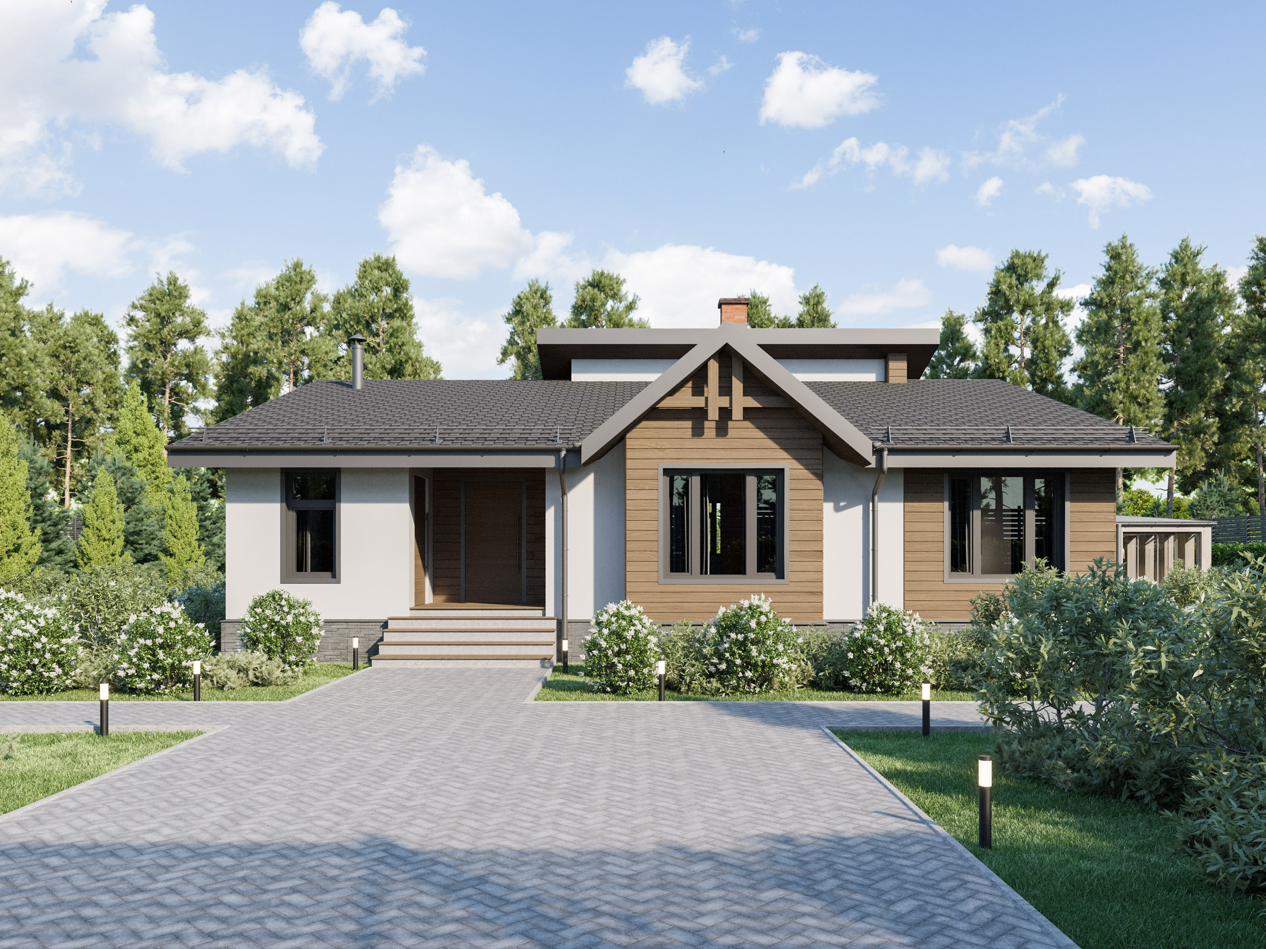 Передний фасад дома с горизонтальным планкеном и штукатурными поверхностями