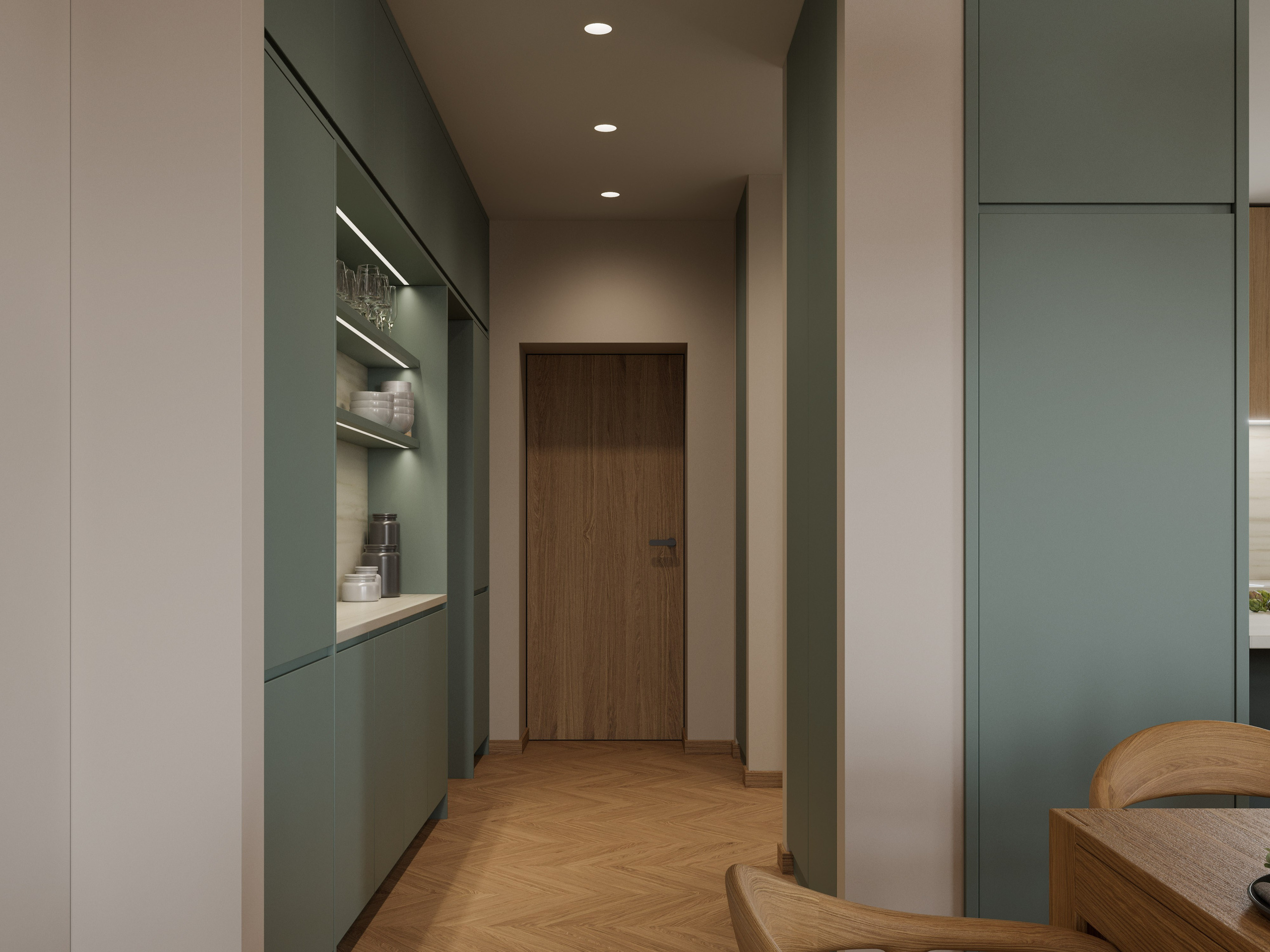 Удобная интегрированная система хранения на кухне.