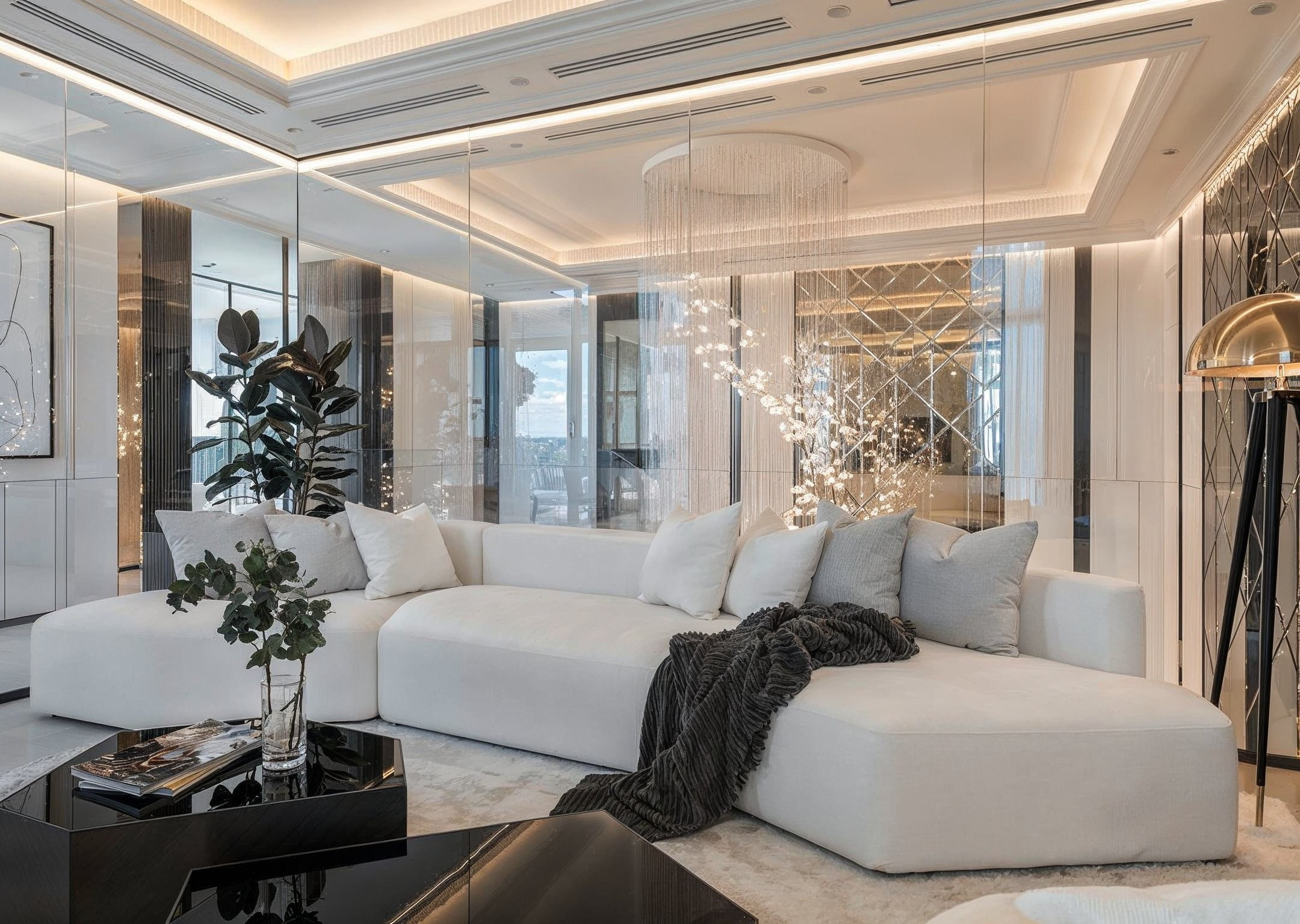 Современная гостиная с белым диваном и дизайнерской люстрой — проект Валерии Котович, Краснодар