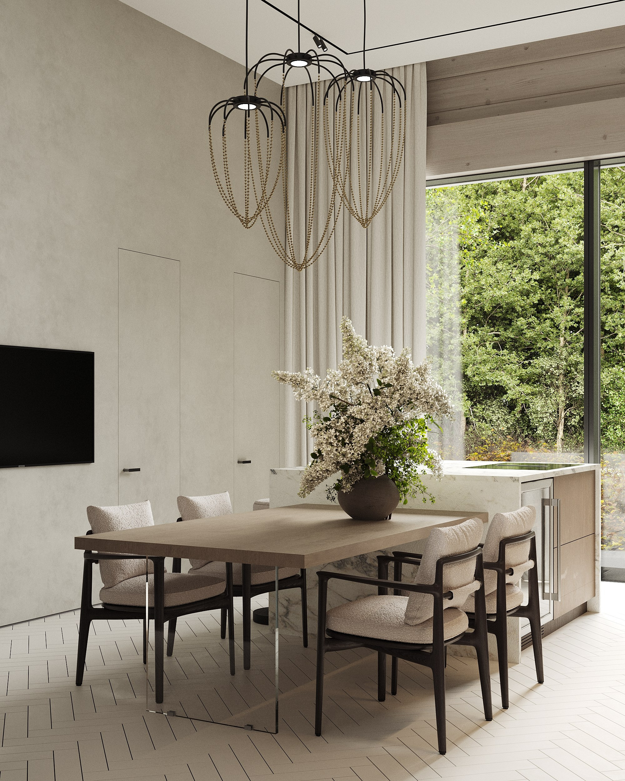 Светлая, уютная, стильная кухня в доме из бруса.