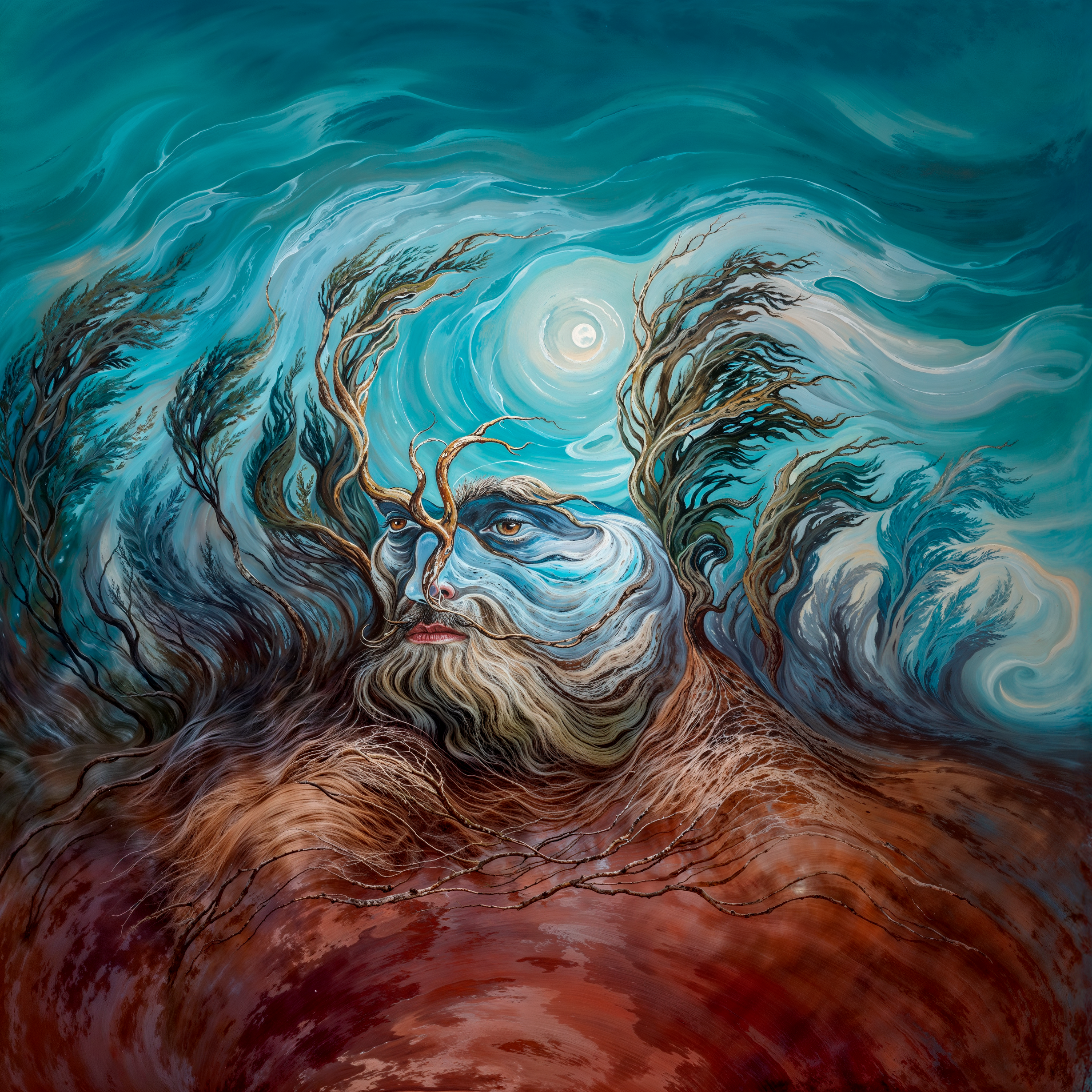 Шепот бога ветра — лицо духа природы, образованное деревьями и вихрями в небе, адаптация по мотивам Oleg Shupliak.