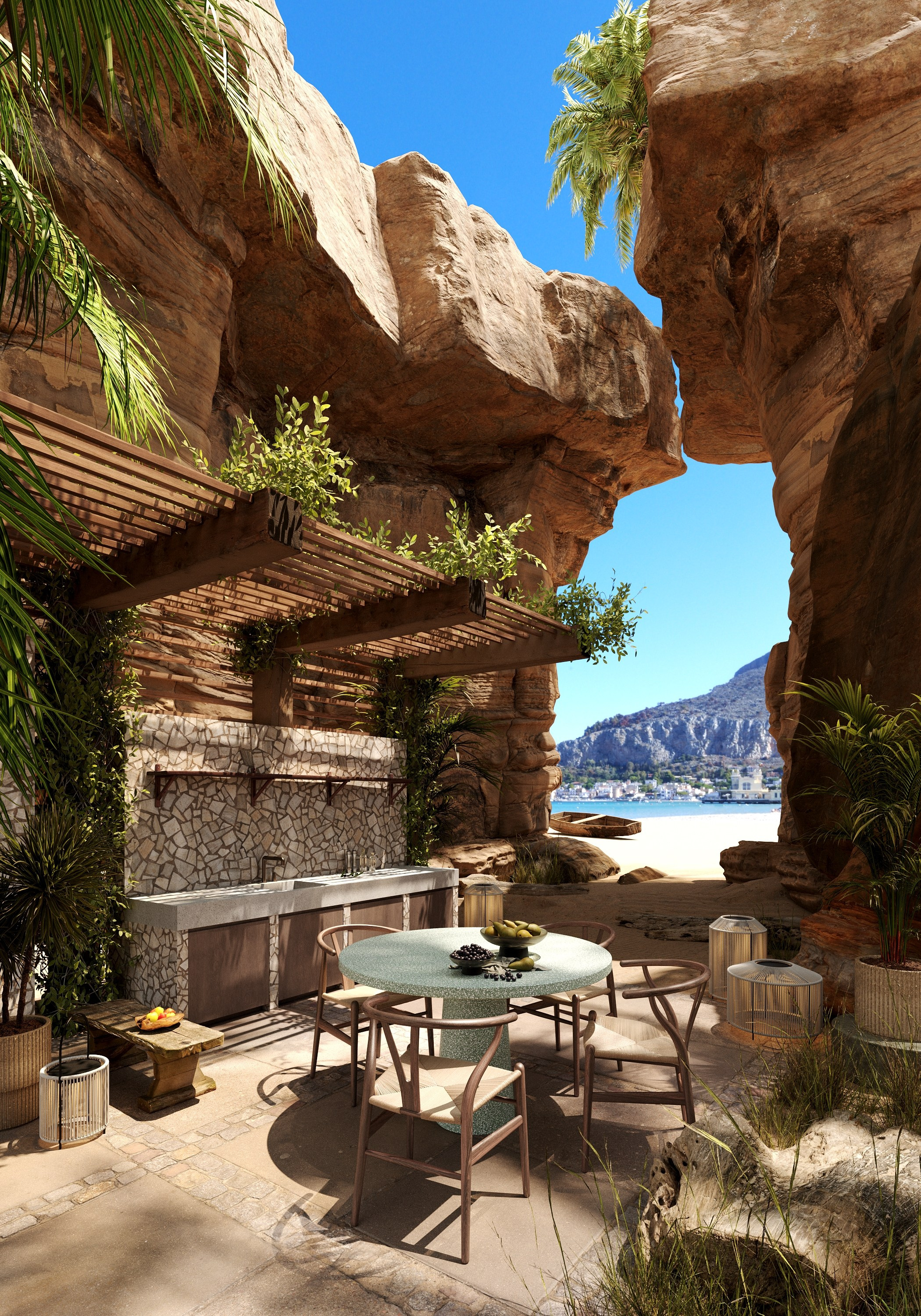 визуализация кафе барная стойка на пляже в скалах с пальмами 