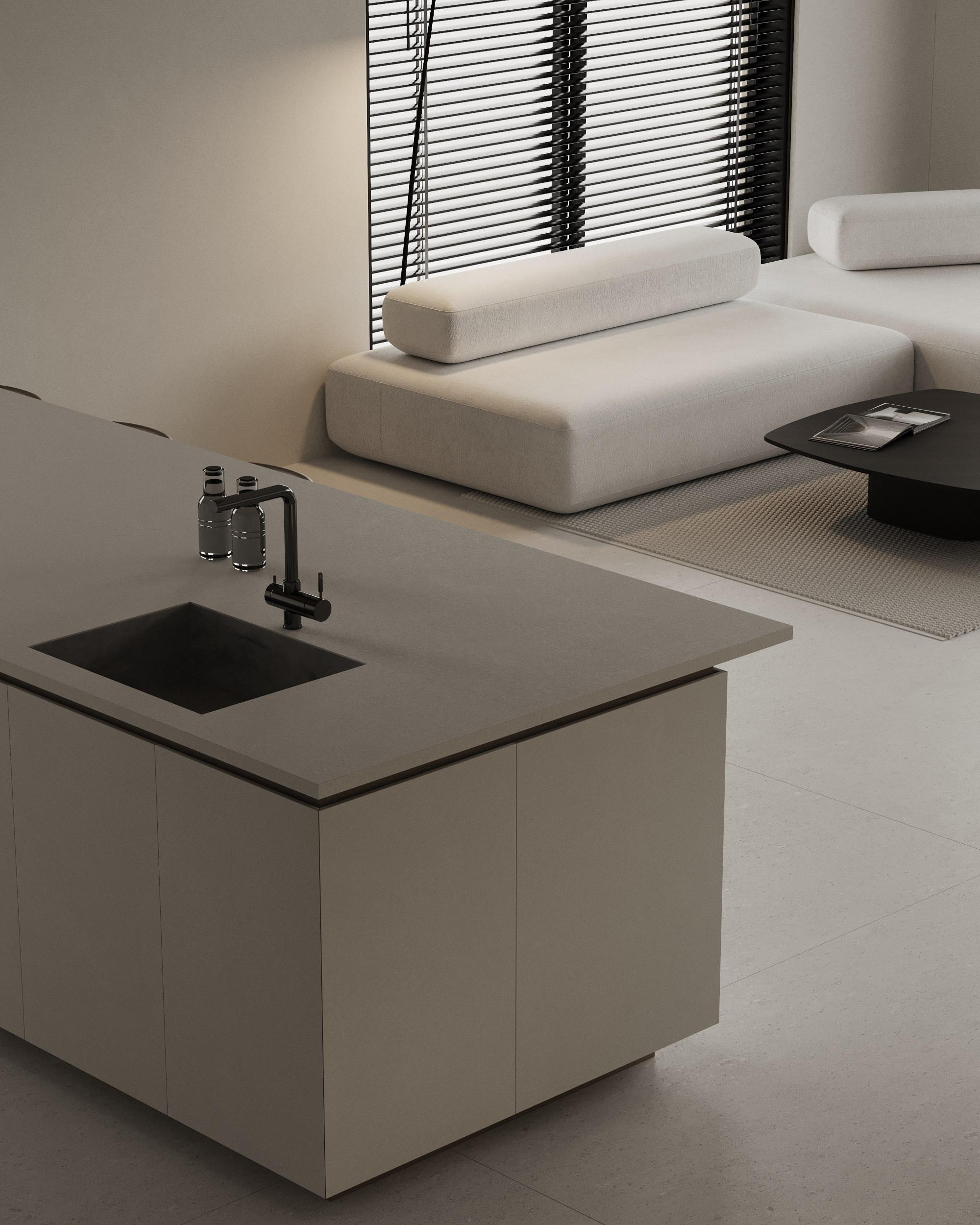 Living room and kitchen. Denis Konarev | Architectural Visualization Studio
