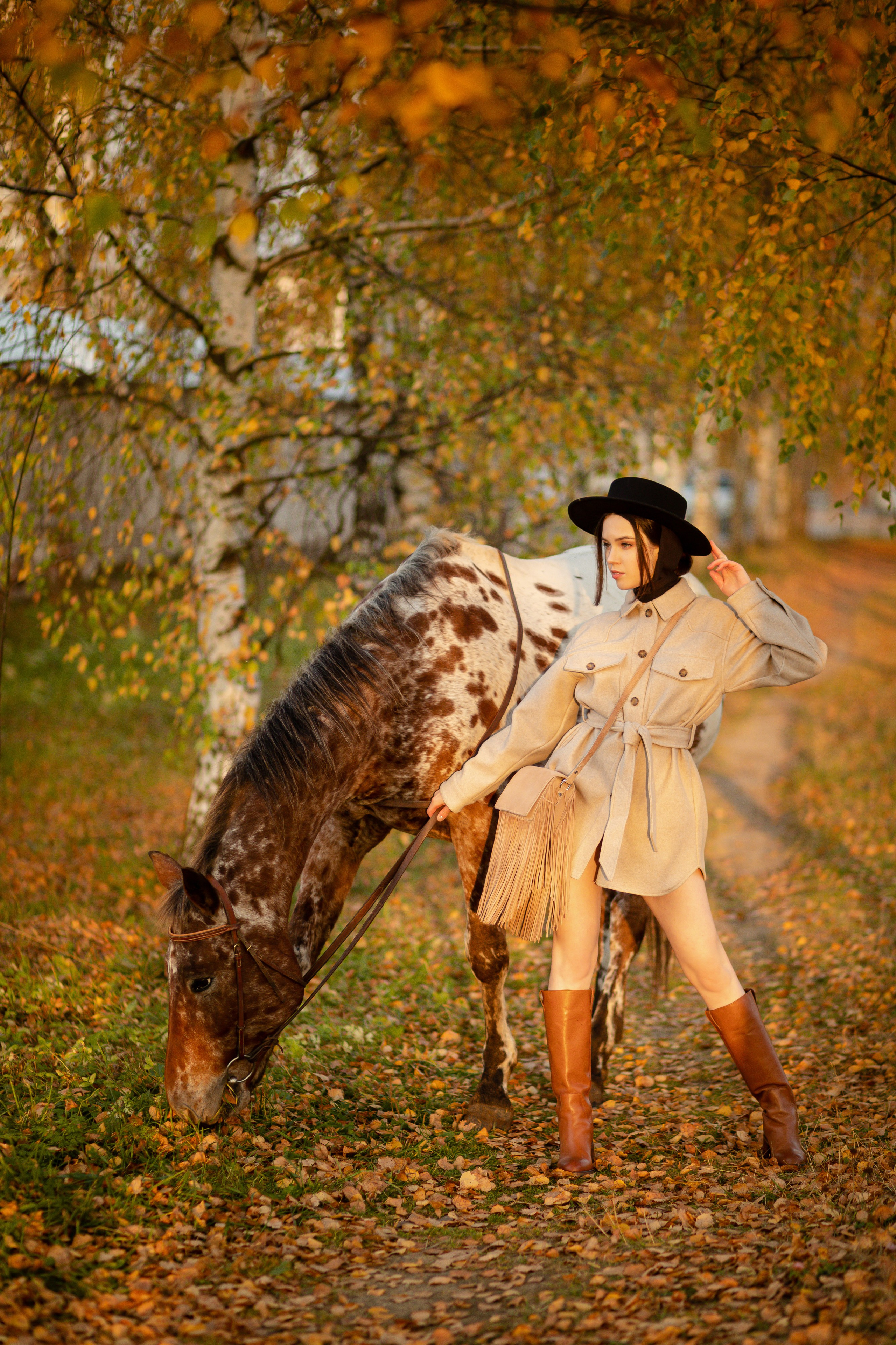 Девушка держит лошадь за повод,лошадь щиплет траву на лугу.