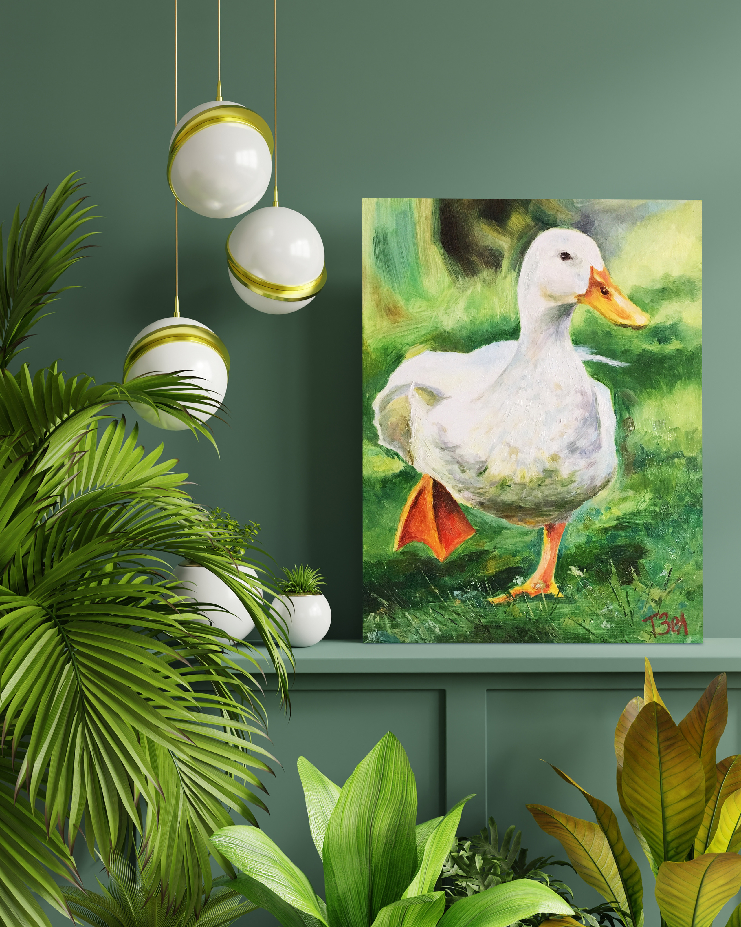 Картина в зеленых тонах маслом натюрморт в интерьере гусь