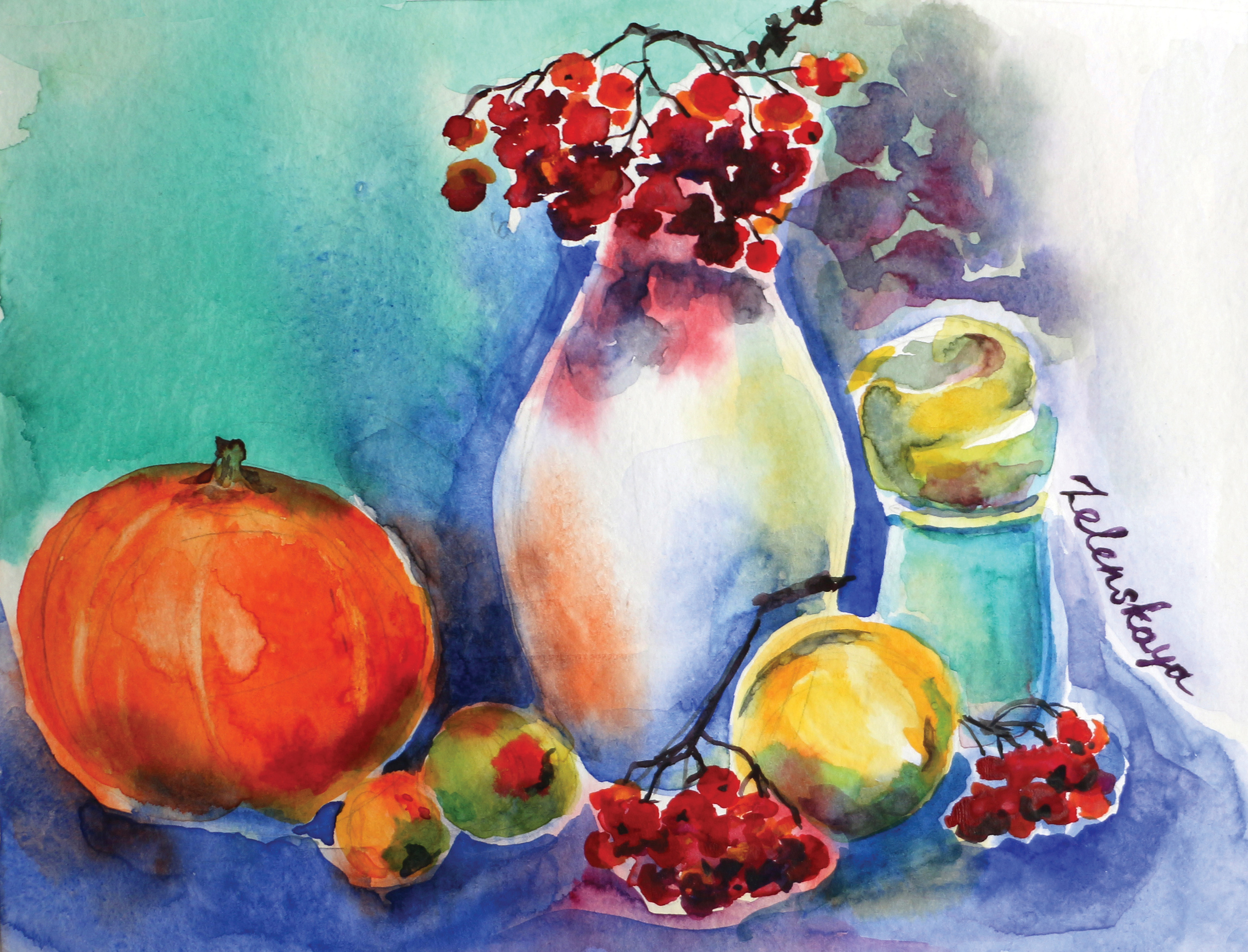 акварельный натюрморт с лимонами, тыквой и рябиной