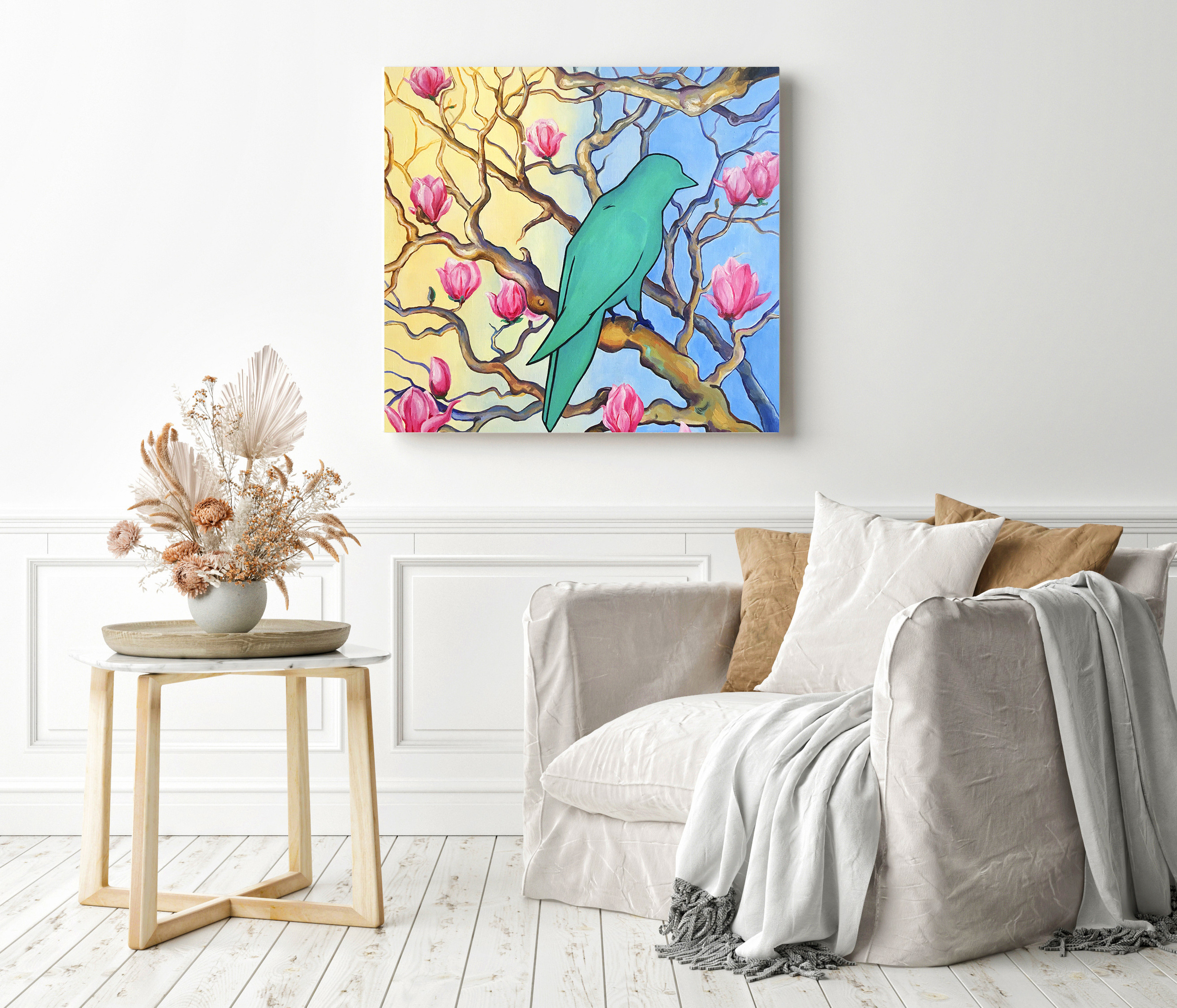 Картина в ярких тонах маслом натюрморт в интерьере весенняя птица