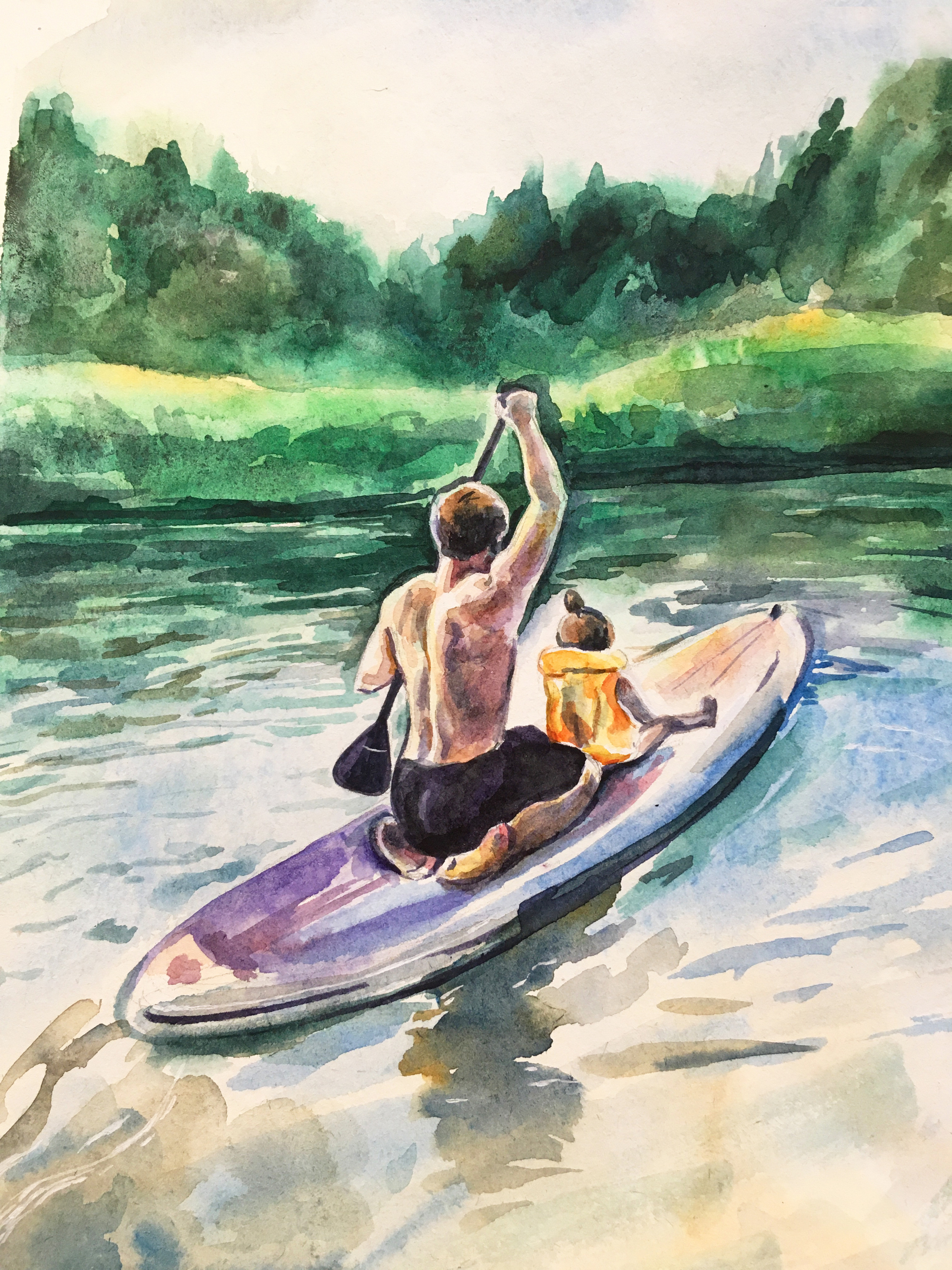 акварельный натюрморт папа с дочкой плывут на сапборде