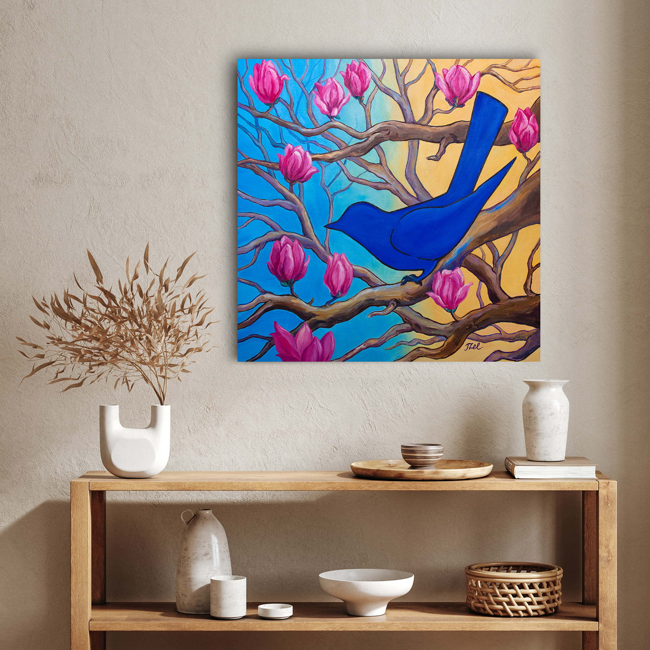 Картина в ярких тонах маслом натюрморт в интерьере синяя птица