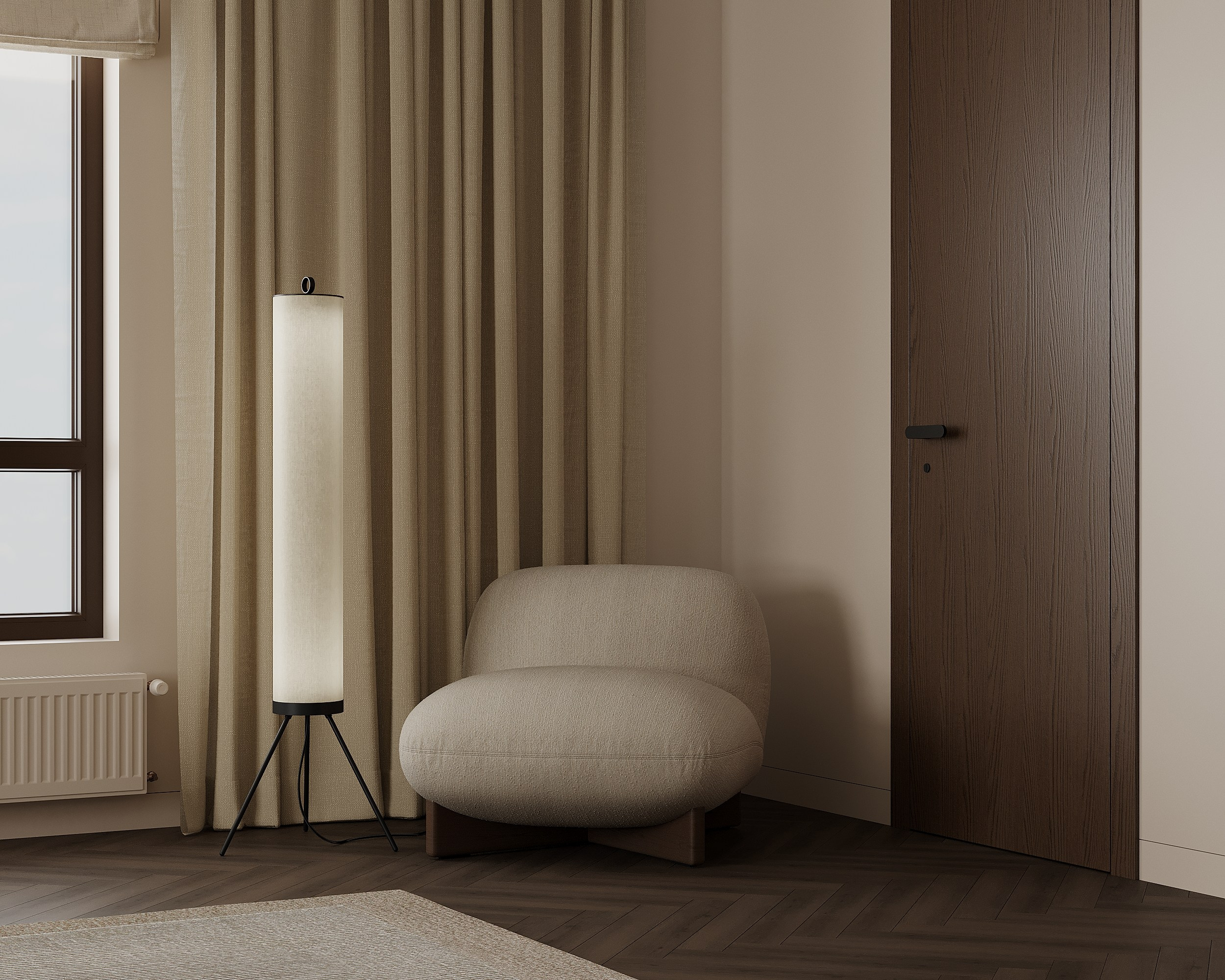 Кресло для чтения бежевого цвета с круглыми мягкими формами   Beige reading chair with round soft shapes