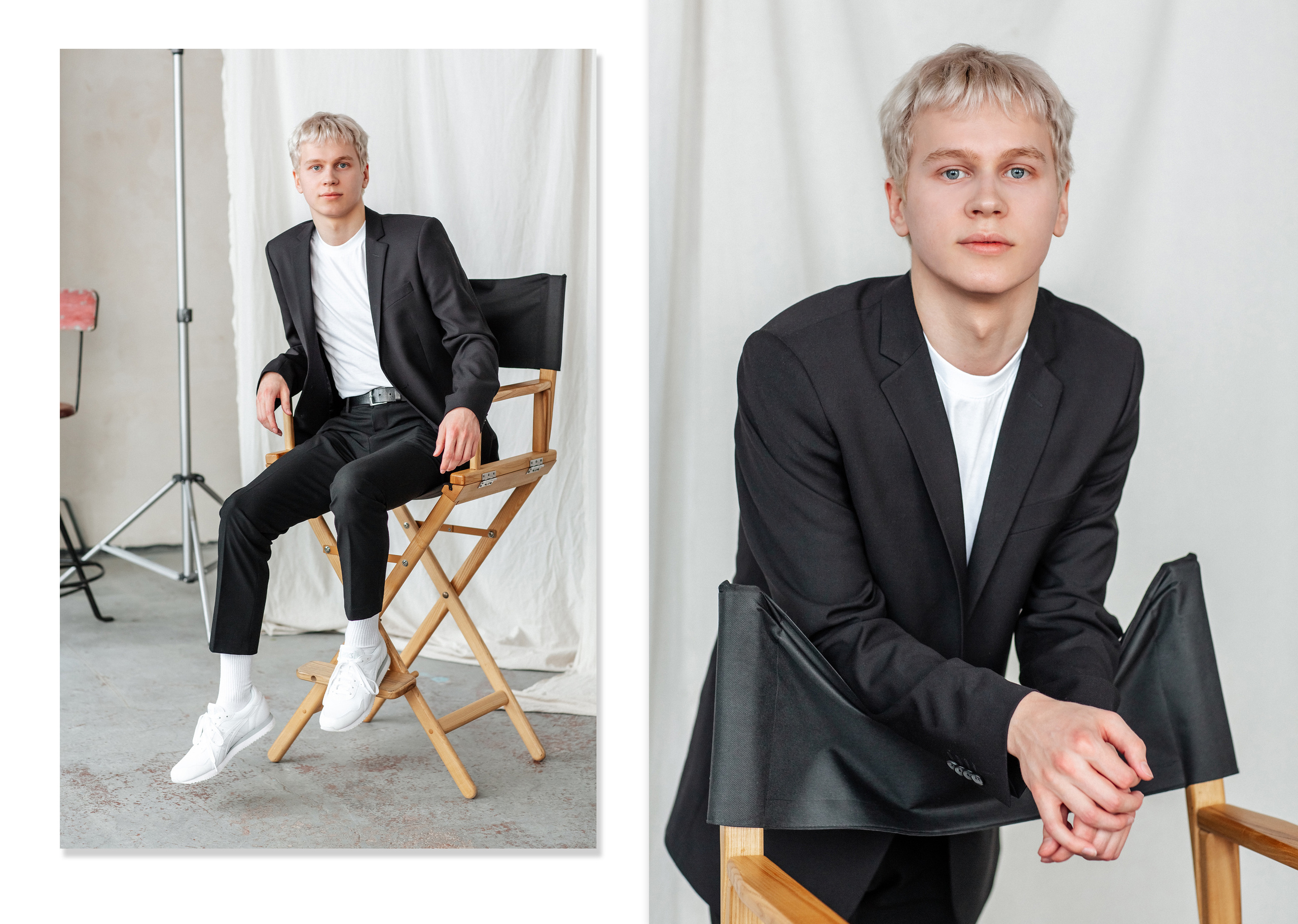 Молодой блондин сидит на стуле режессера на одном фото и стоит опершись на его спинку на втором. 