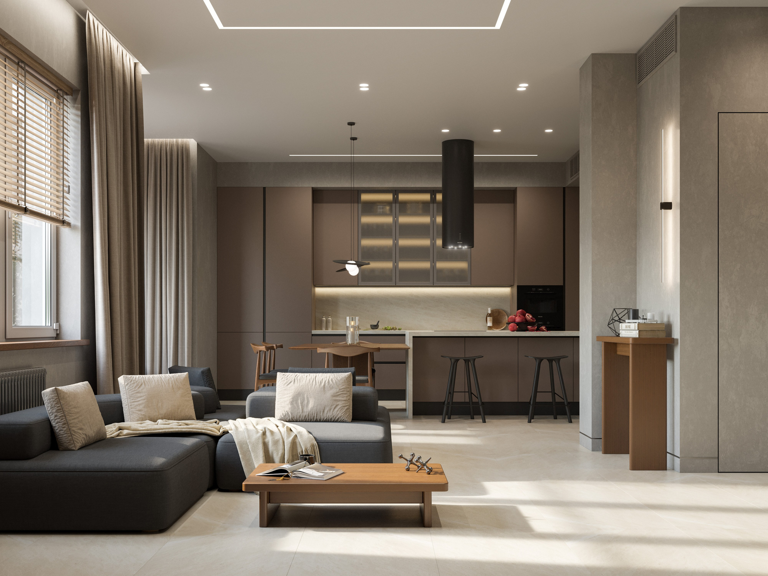 Открытое пространство гостиной-столовой в бежевых тонах с акцентами из дерева