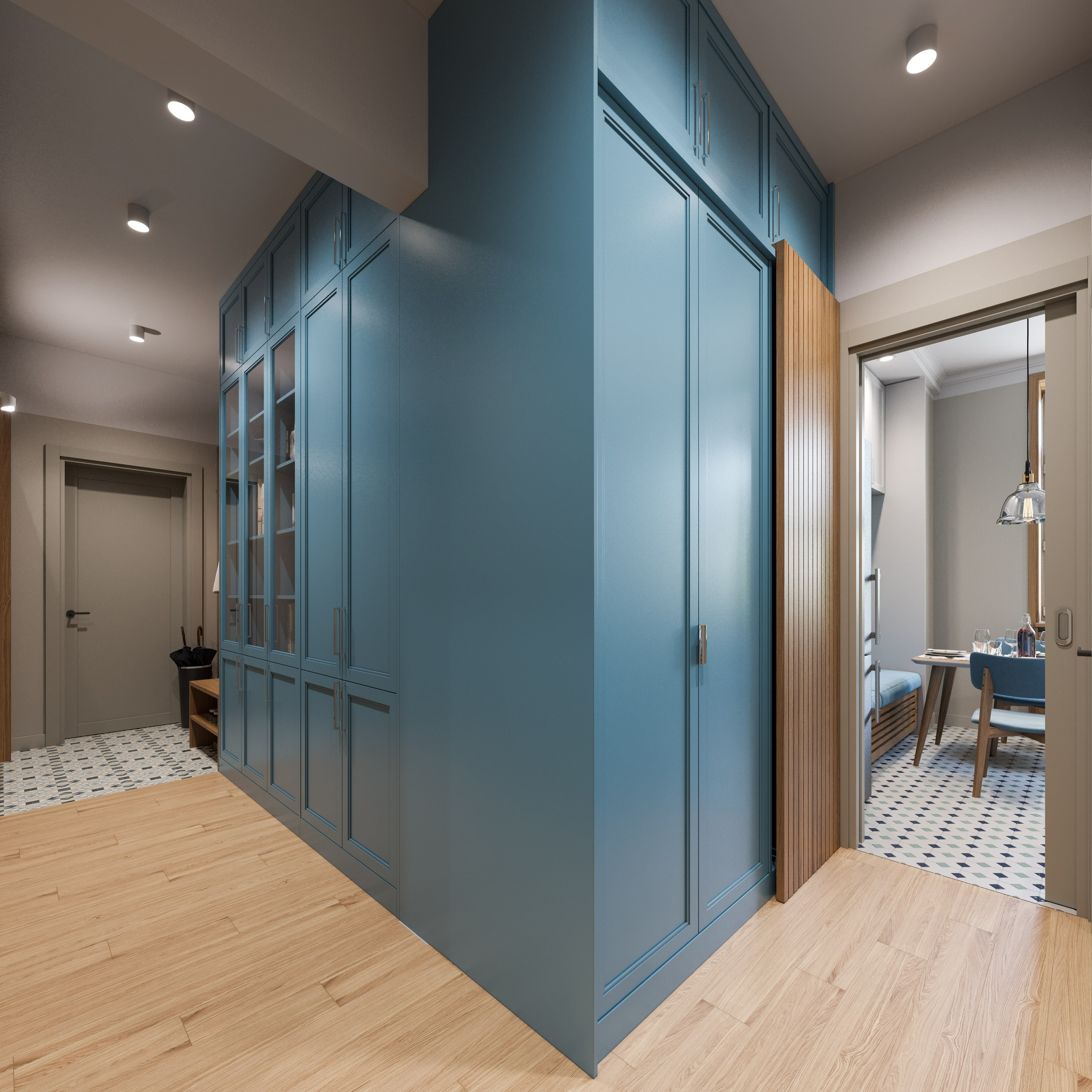 Компактная прихожая с бирюзовым ковриком и подсветкой ниши для обуви