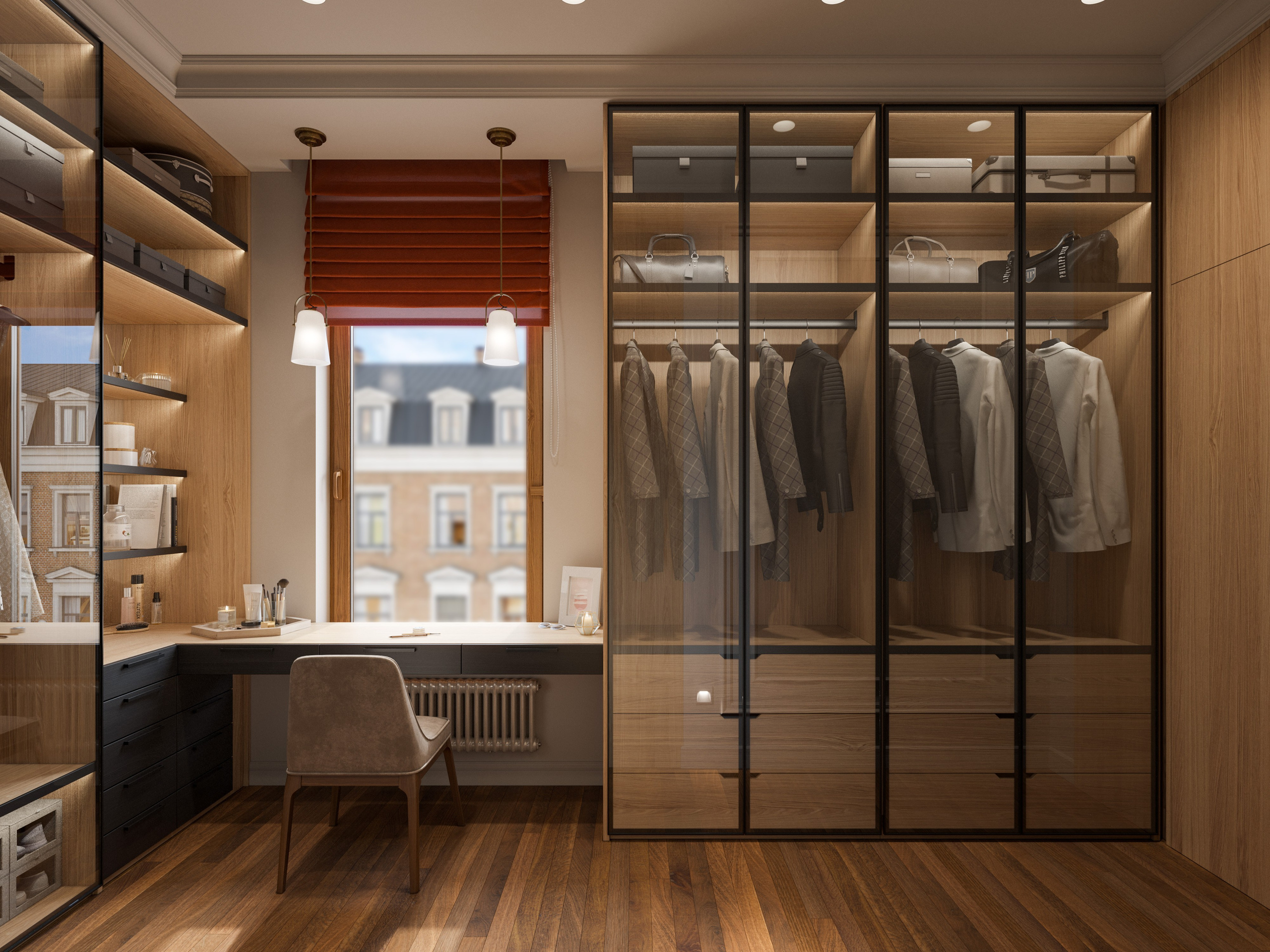 Гардеробная в неоклассическом стиле с туалетным столиком напротив окна