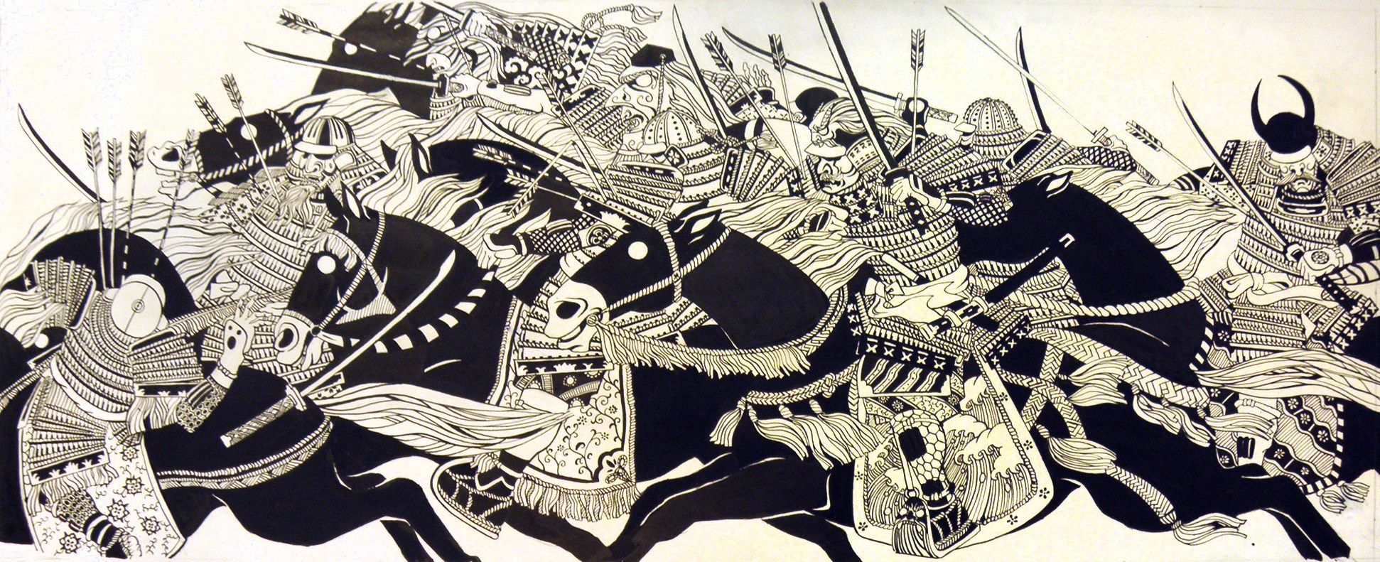 Графический лист с изображением конных японских меченосцев.