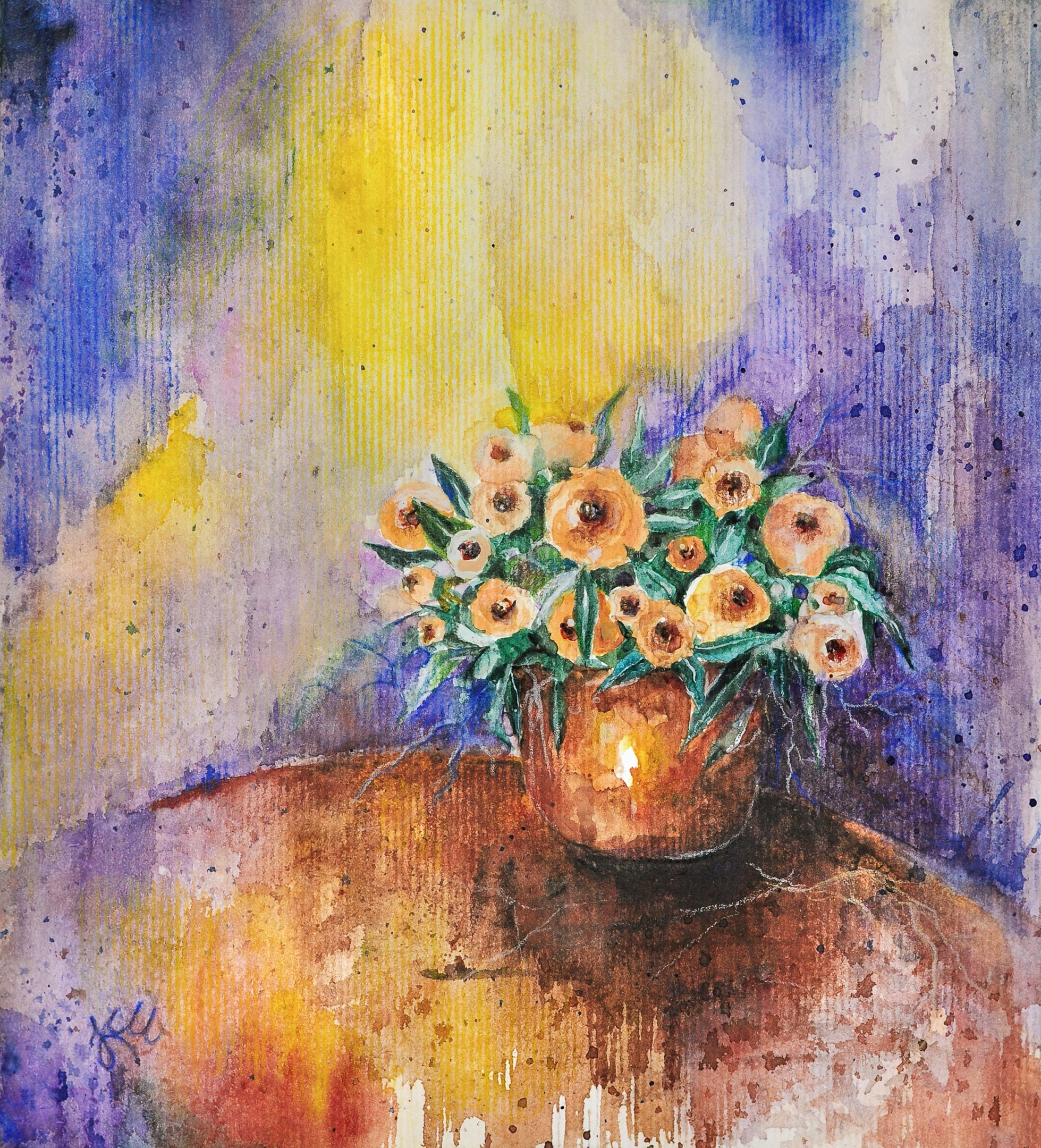 Акварельная картина: оранжевые цветы с зелеными листьями в глиняном горшке на столе. Фон сочетает в себе фиолетовые и желтые оттенки.