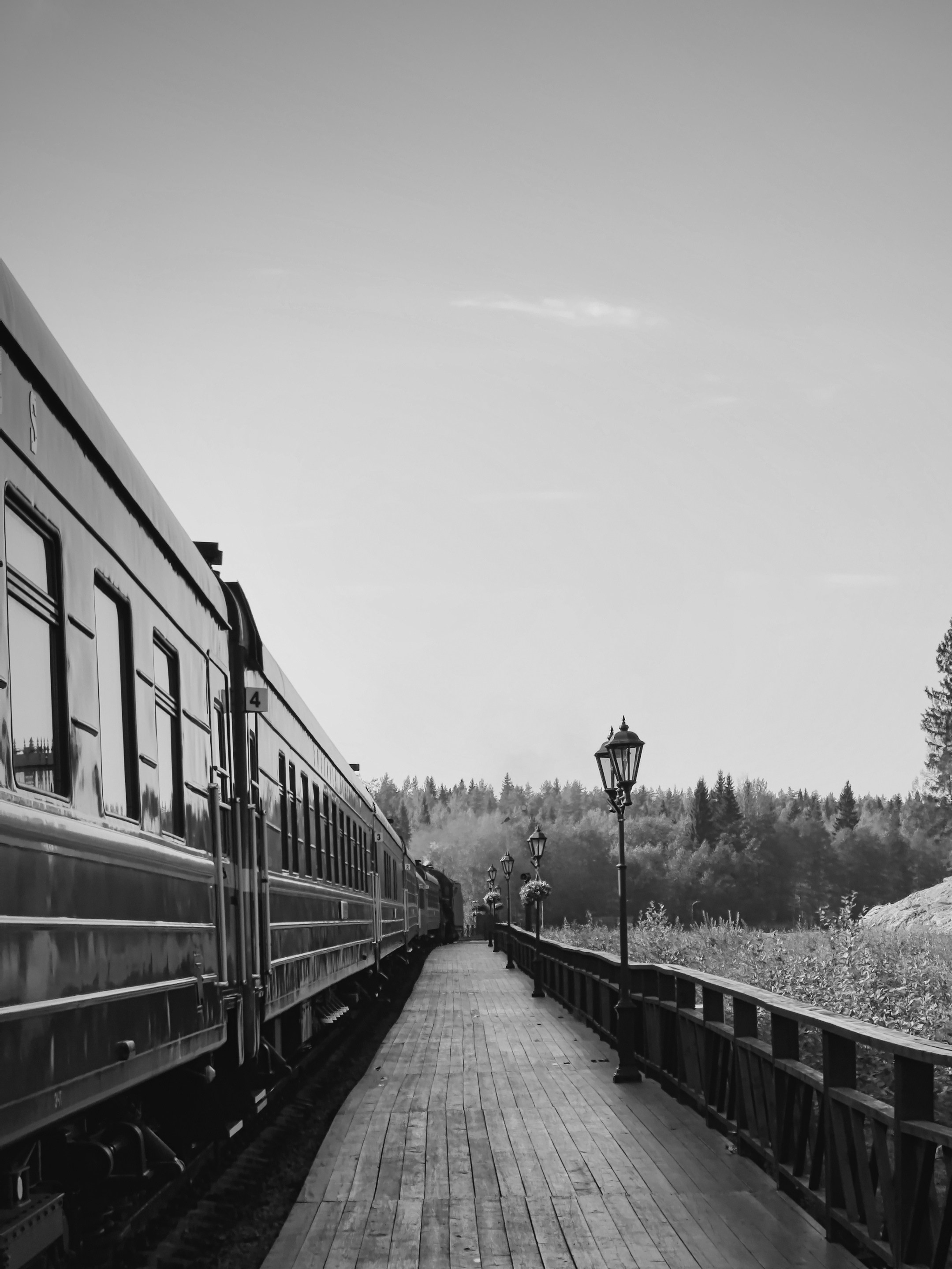 Ретропоезд стоит на деревянном мосту, вдоль которого установлены старинные уличные фонари; на заднем плане виден лес, снимок выполнен в чёрно-белой гамме.