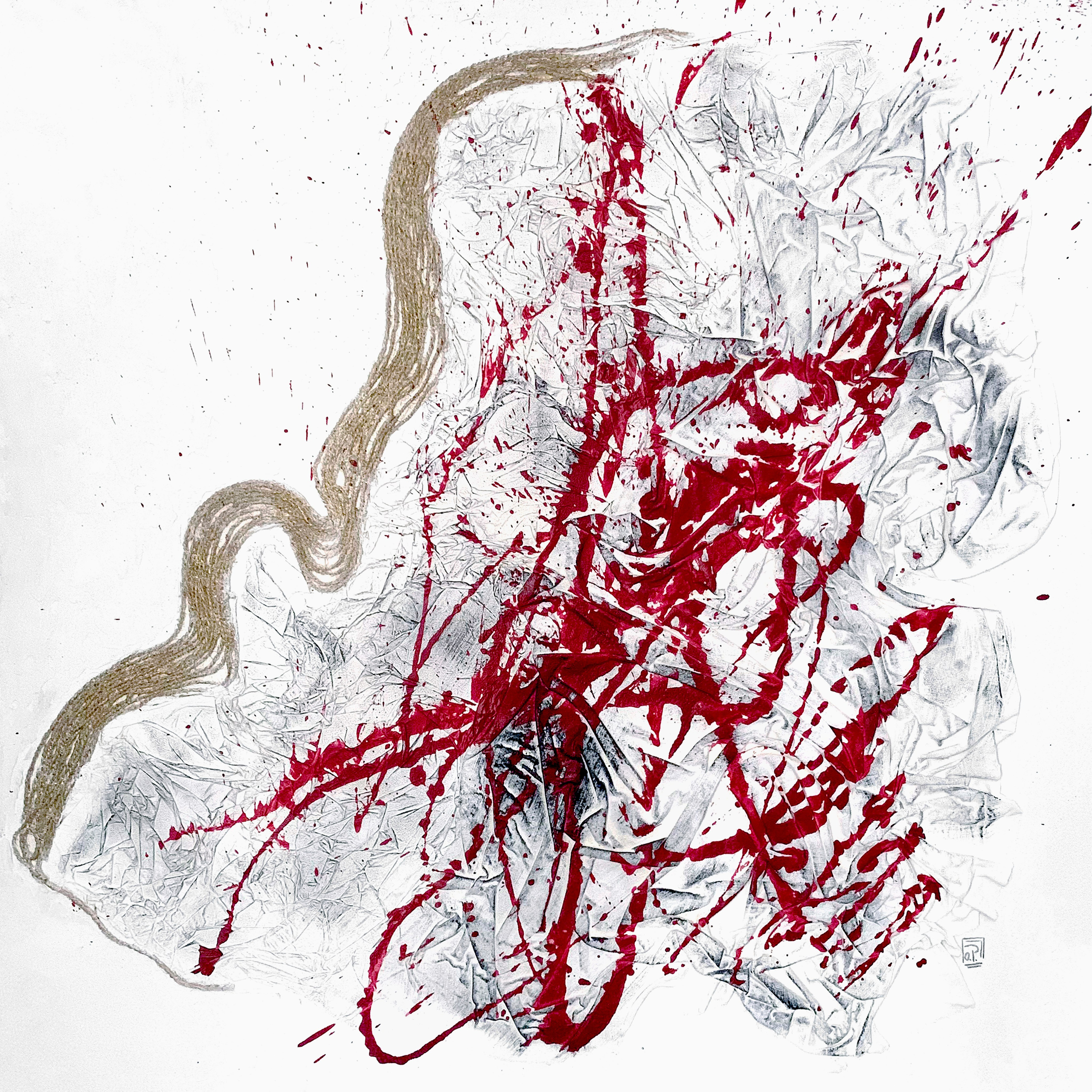 Тонкие материи №3. Деревянный планшет, акрил,  текстурная паста, ткань, бумага, шнур. 75х75см. 2020 год. 70 000 руб