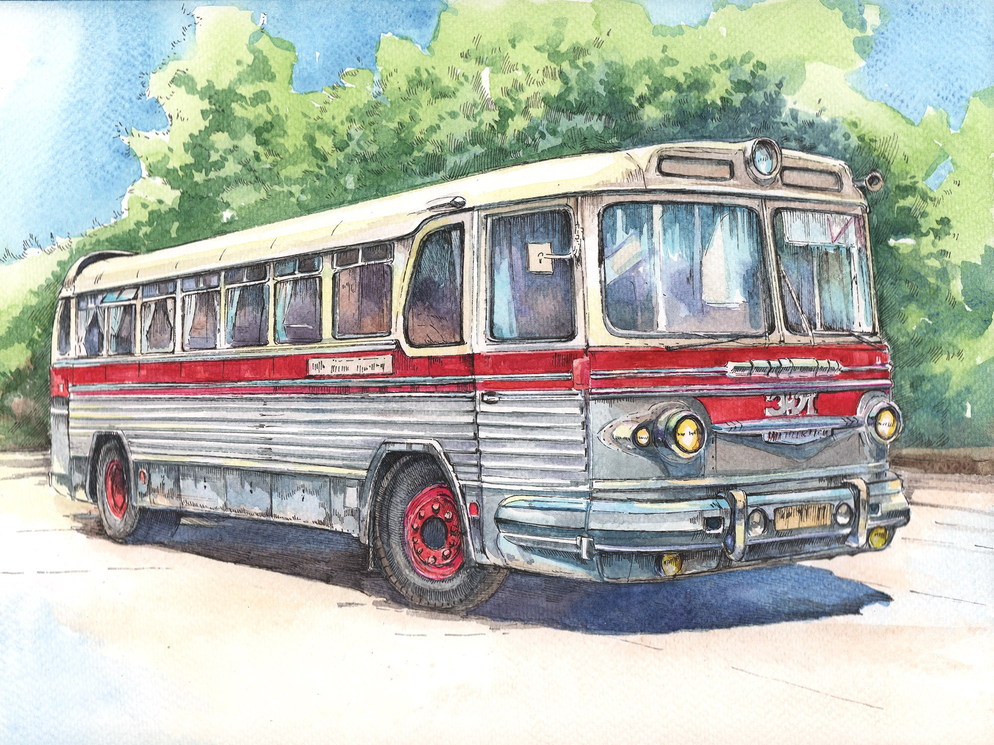 Автобус ЗИС ( ЗИЛ)-127. Акварель, тушь, 2022