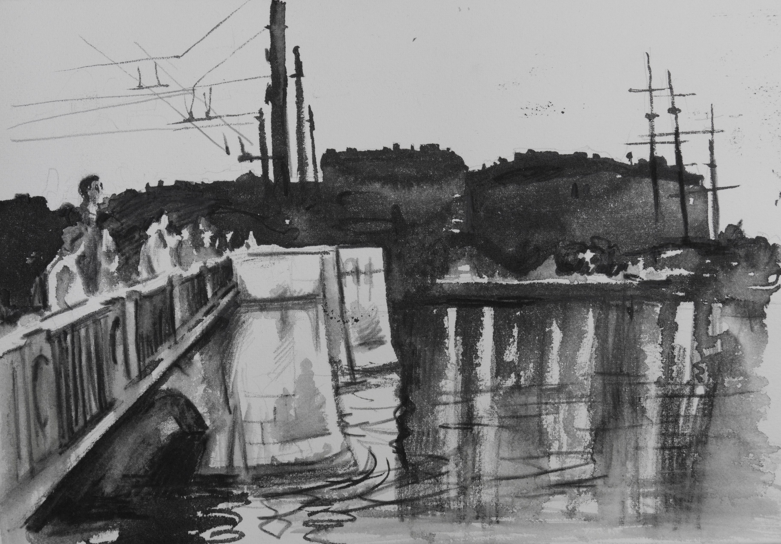 город, графика, черно-белый город, белые ночи, Петербург