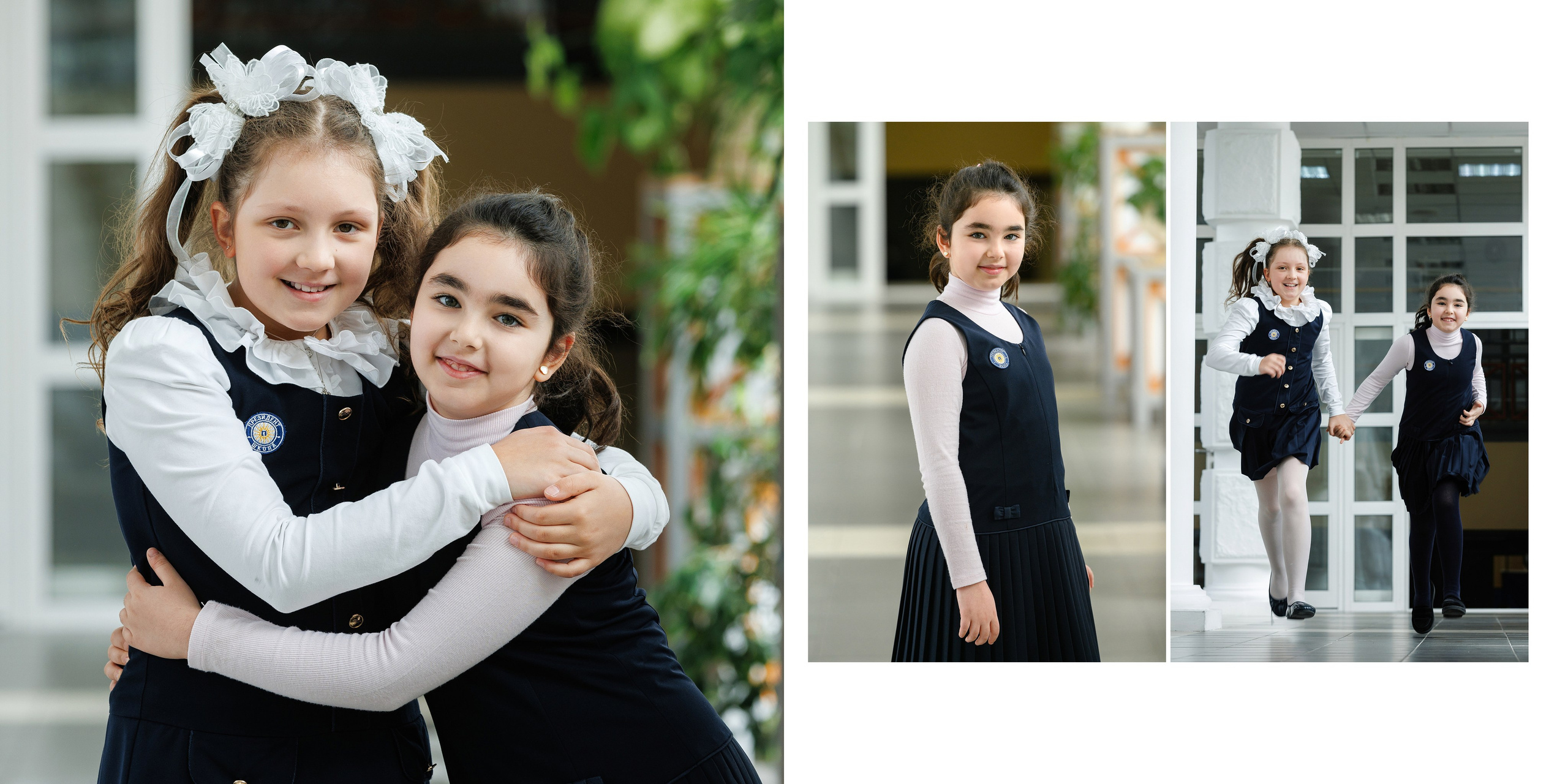 Разворот фотокниги: дружеский портрет двух девочек в обнимку и дополнительные кадры в школьном коридоре.