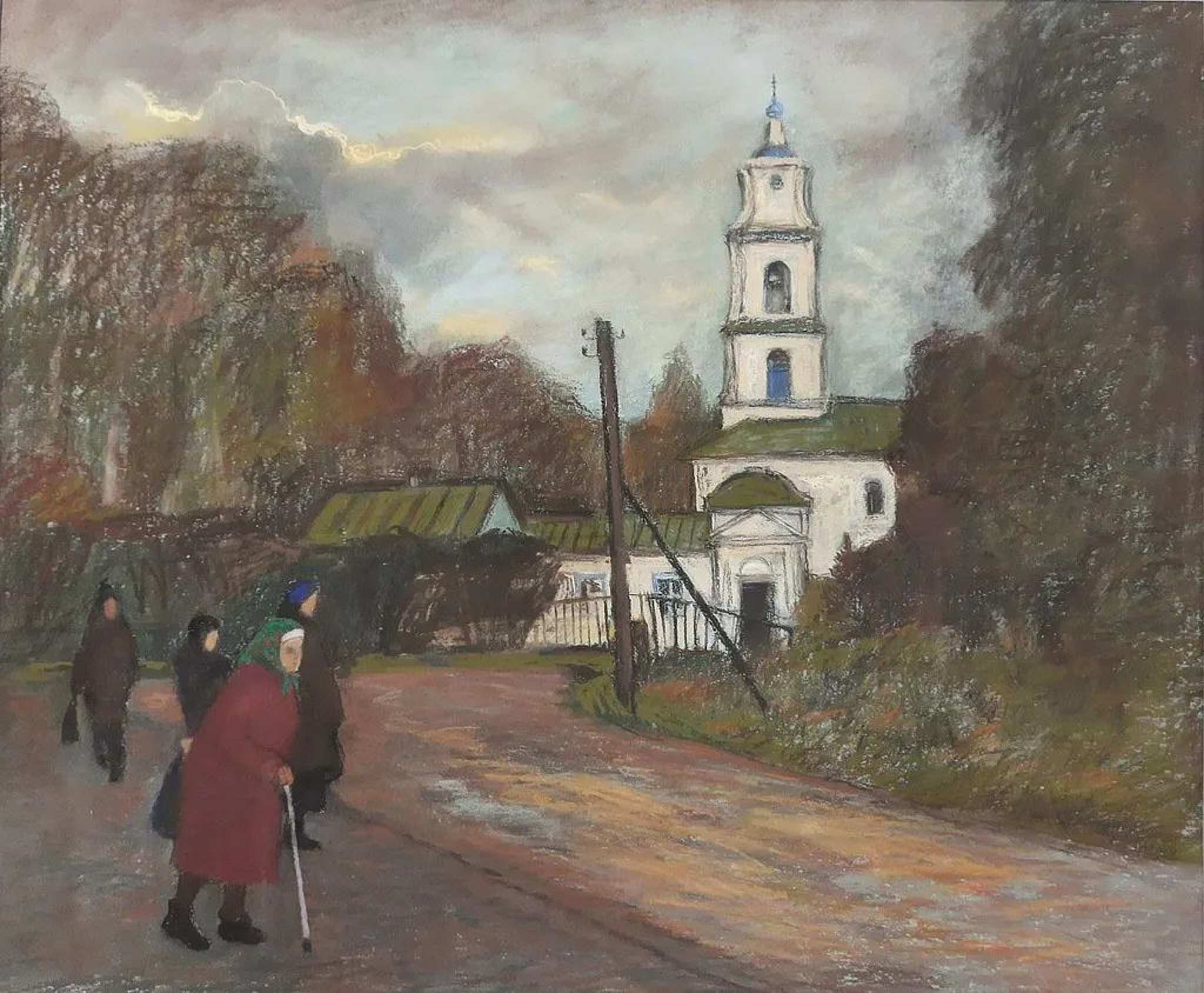 Светлана Корсун "После утренней службы" 53x64 см, бумага, соус, пастель, 32 500 руб.