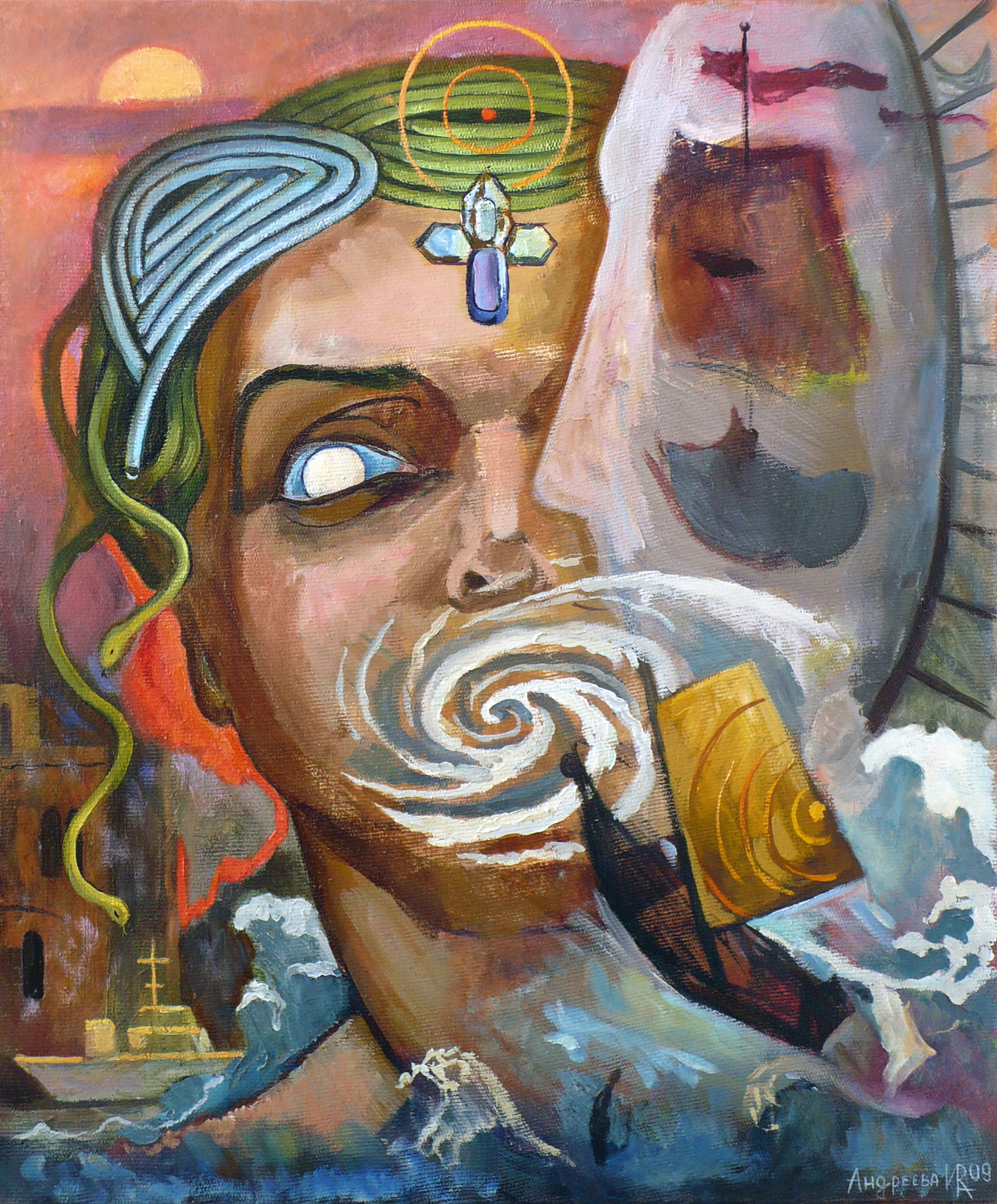 Картина сюрреализм. Женское лицо вырастает из морской стихии, как берег-оракул. В вихре у рта — спираль, превращающая слово в шторм: маленький корабль то ли направляется по зову, то ли уже втянут в воронку речи.