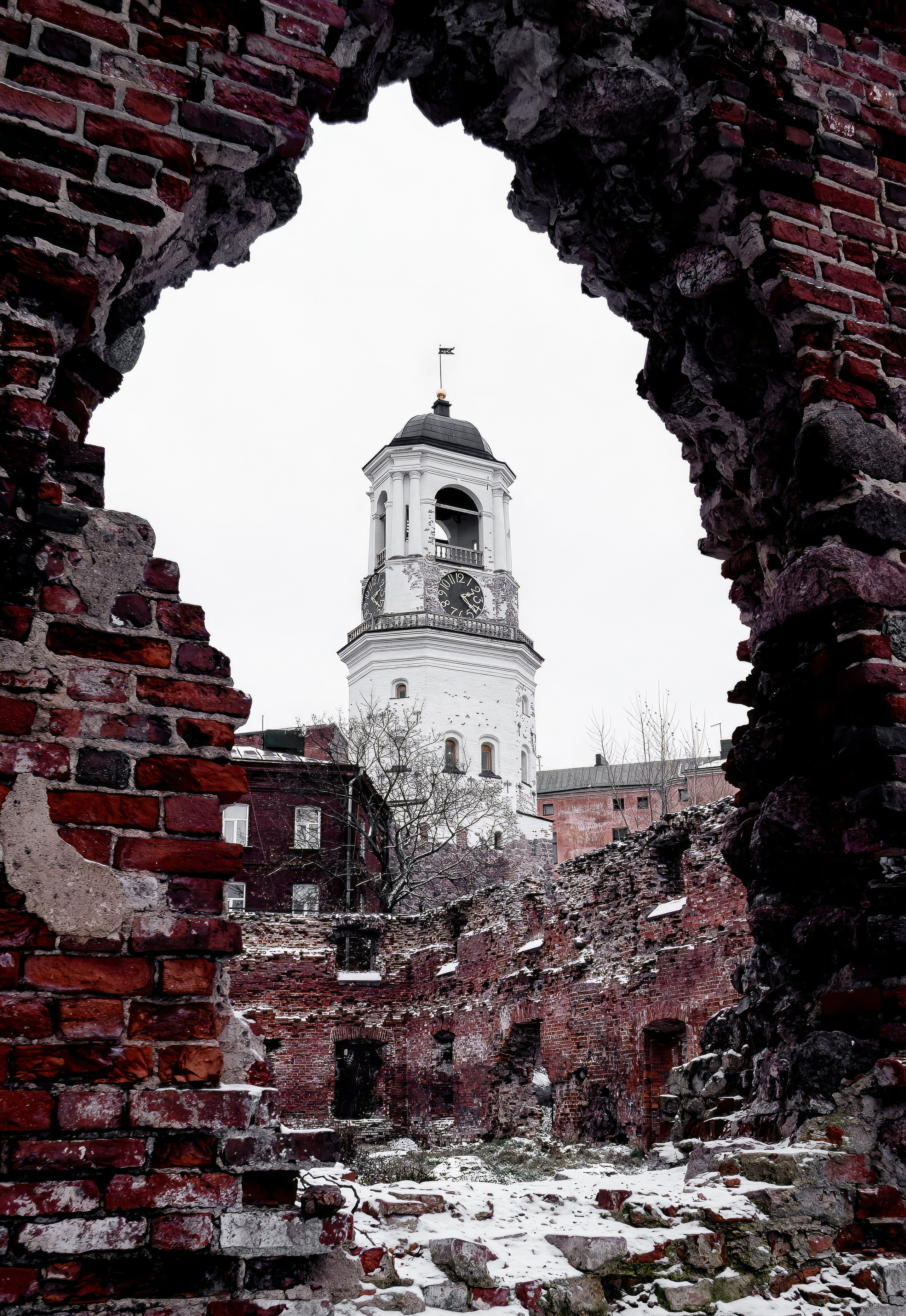  Выборг. Часовая Башня . Старинная белая башня с часами видна через разрушенную кирпичную стену в зимнем Санкт-Петербурге, снежный кадр, атмосферная фотография Евгения Мальцева.