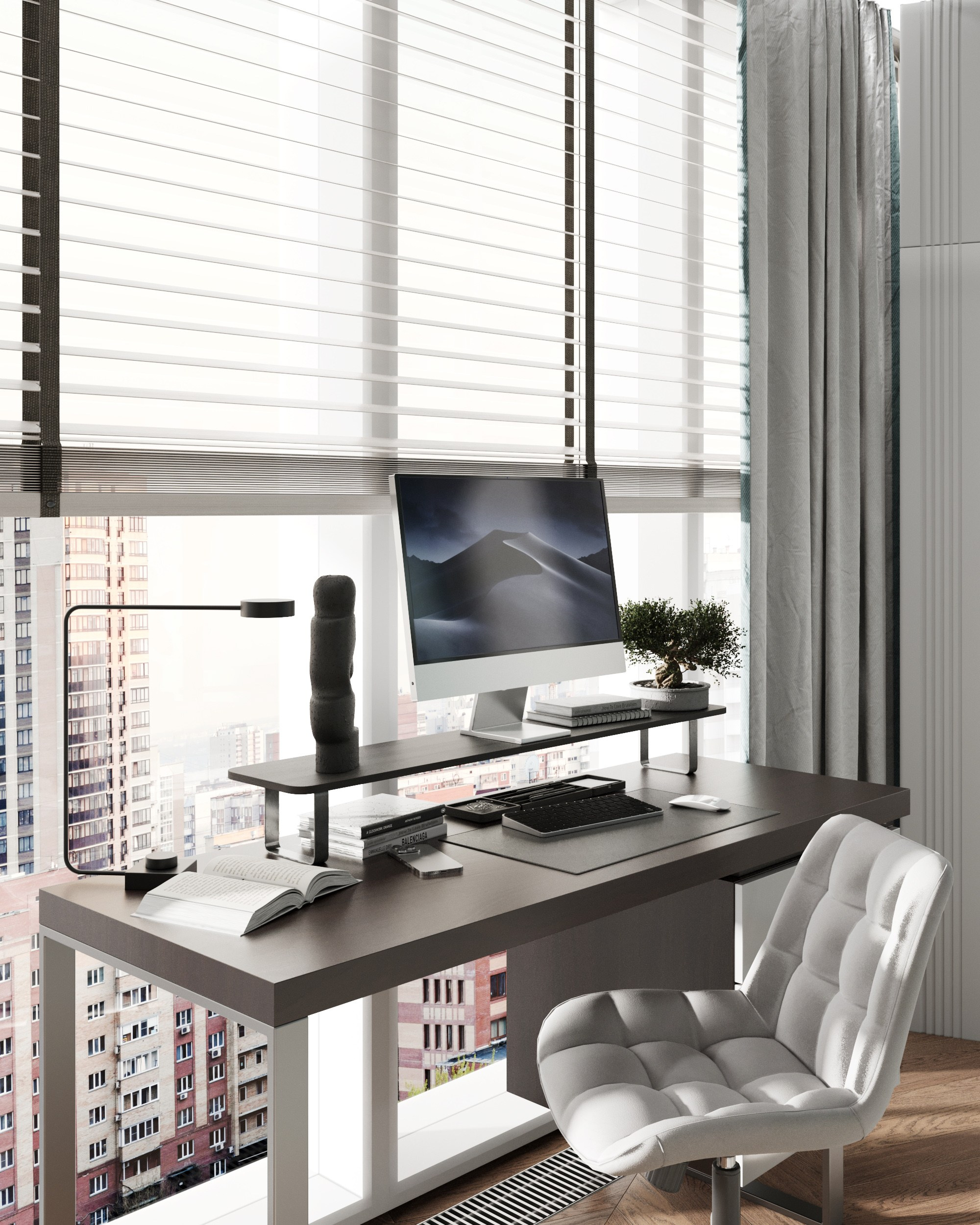 Детское рабочее место с большой столешницей, компьютерным монитором, офисным креслом