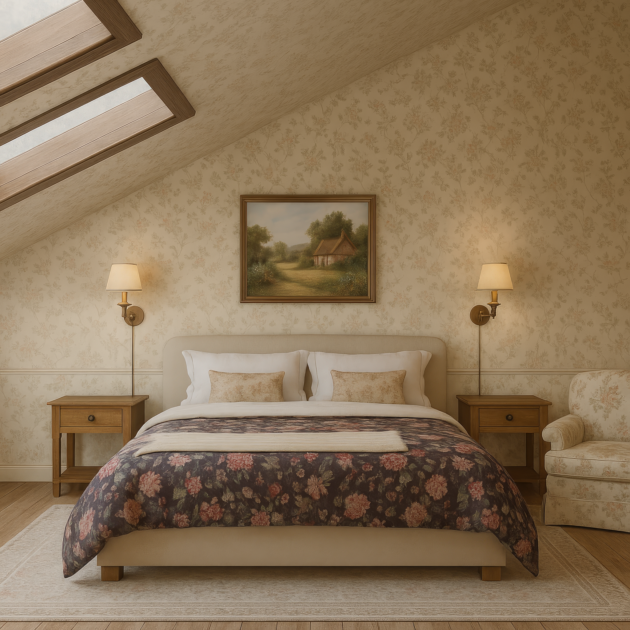 Обработанный вид классической спальни с узорчатыми обоями в светлых тонах 