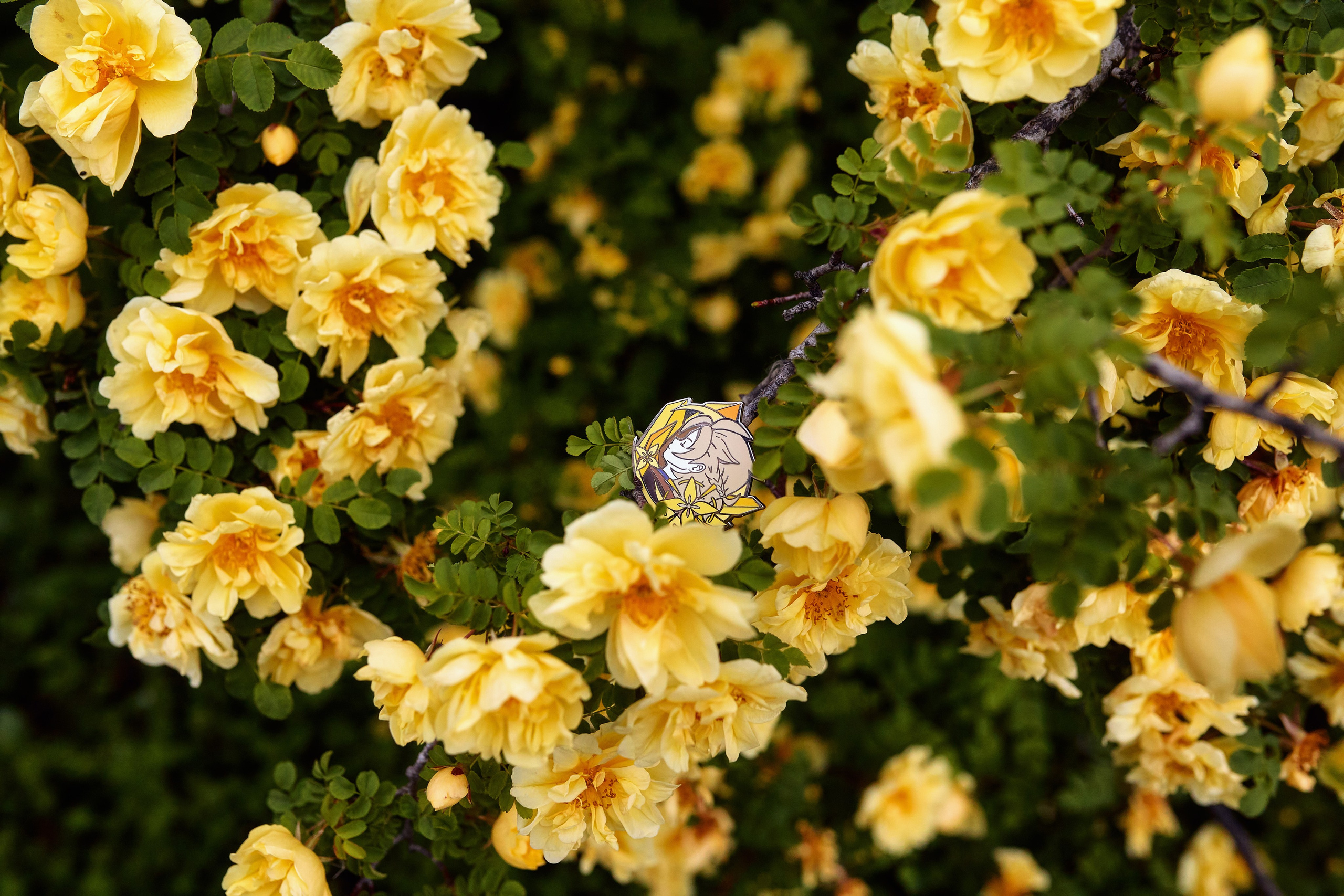 Цветы и металлический пин ручной работы с персонажем Альбедо из игры Genshin Impact