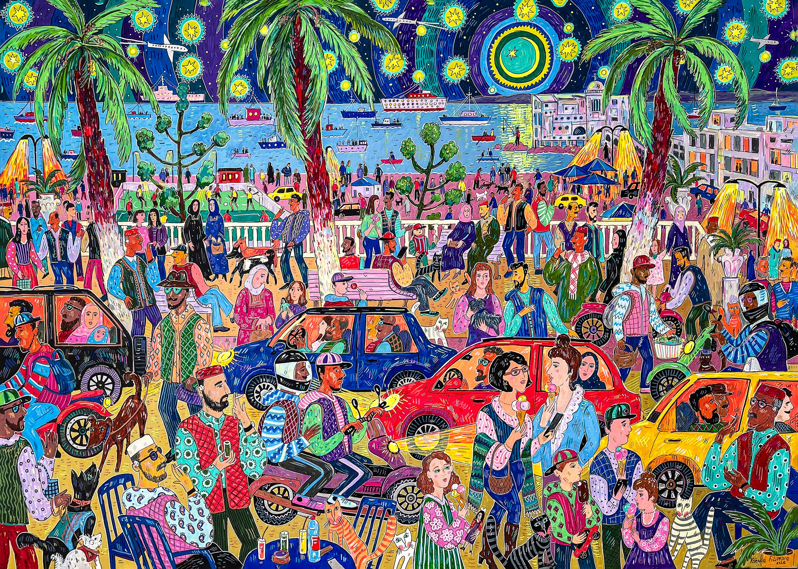 La Marsa Corniche, acrylic markers on canvas, 80 × 110 cm, 2026