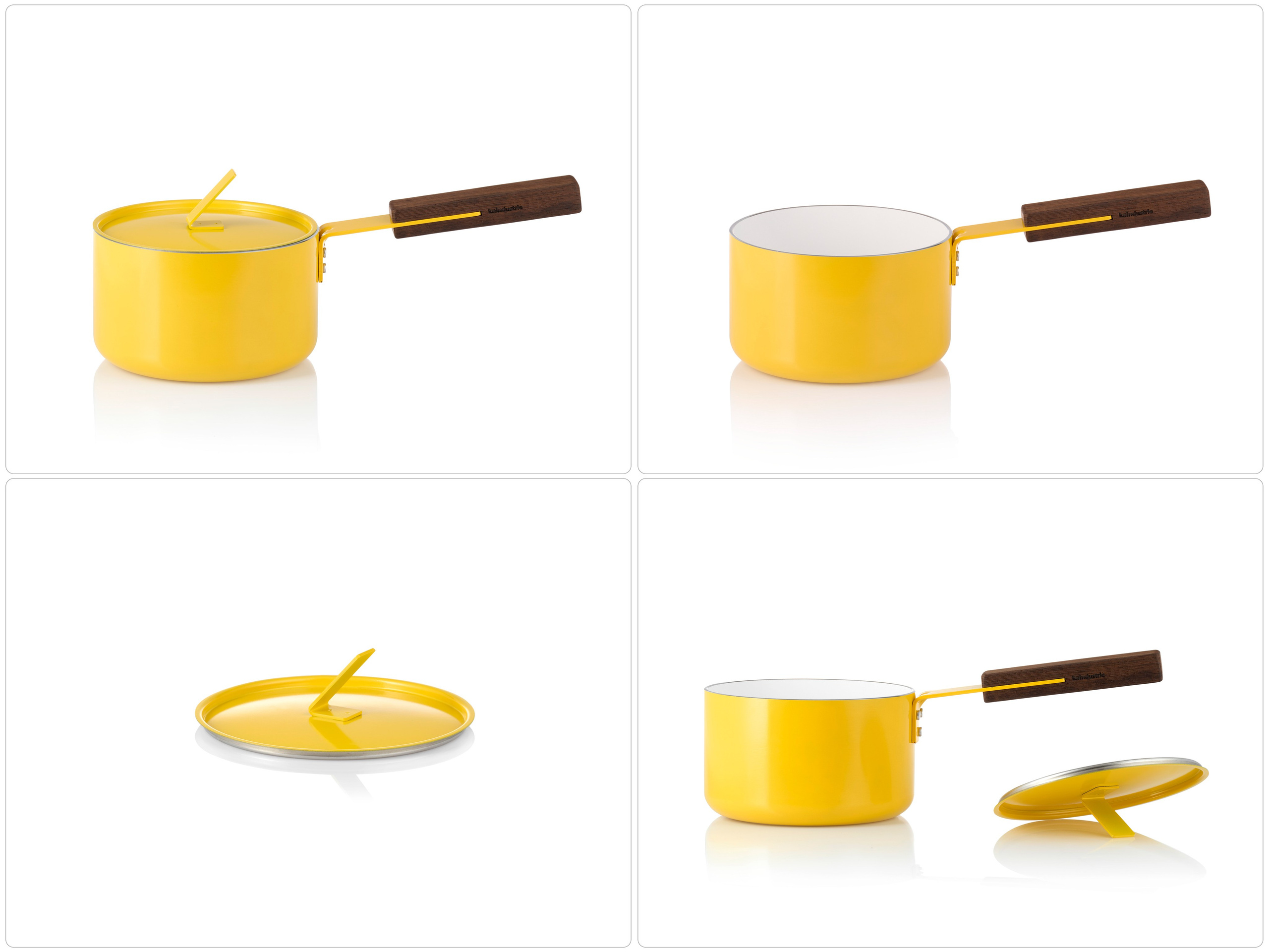 Каталожная предметная фотография жёлтой кастрюли с крышкой на белом фоне