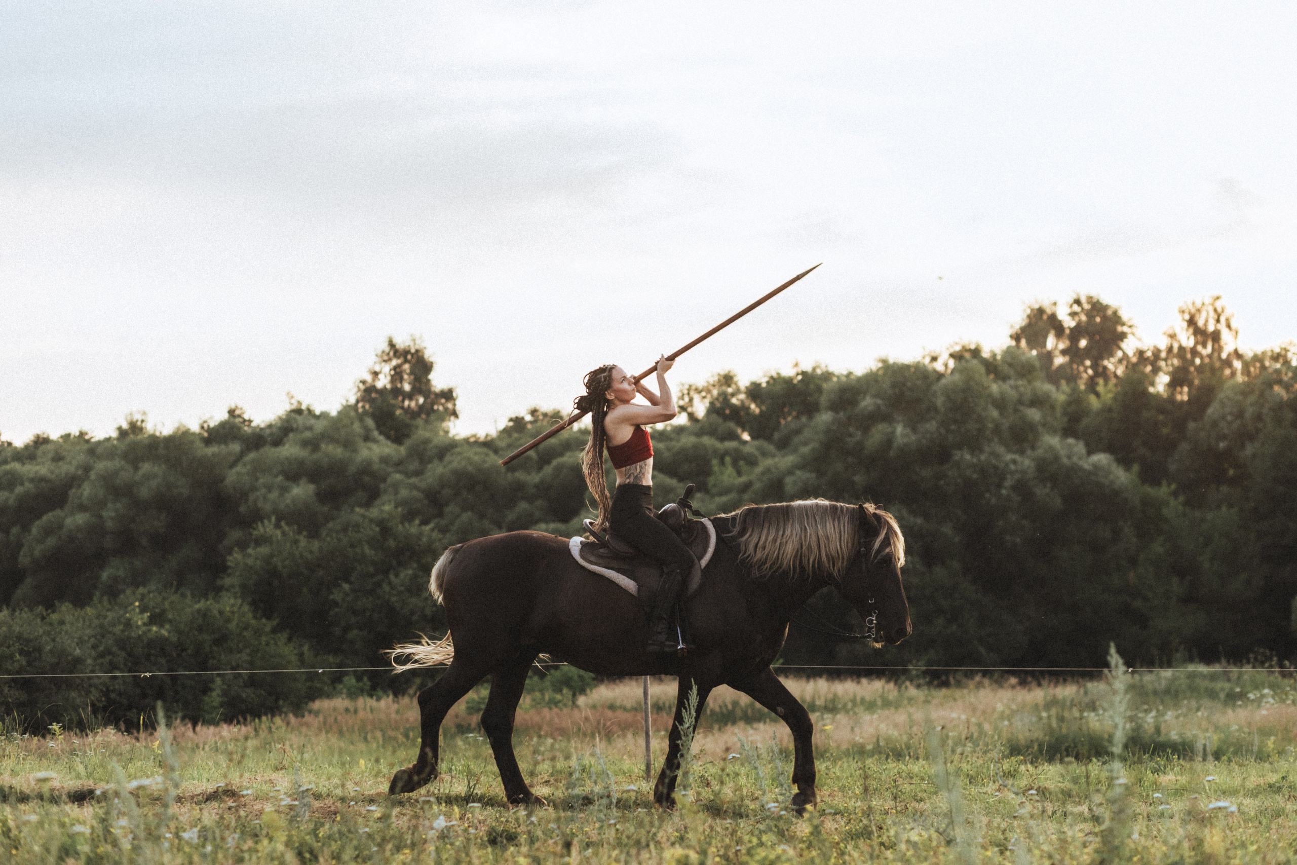 Девушка на коне с копьем, фотосессия на закате. Фотограф в Пензе Александра Овечкина
