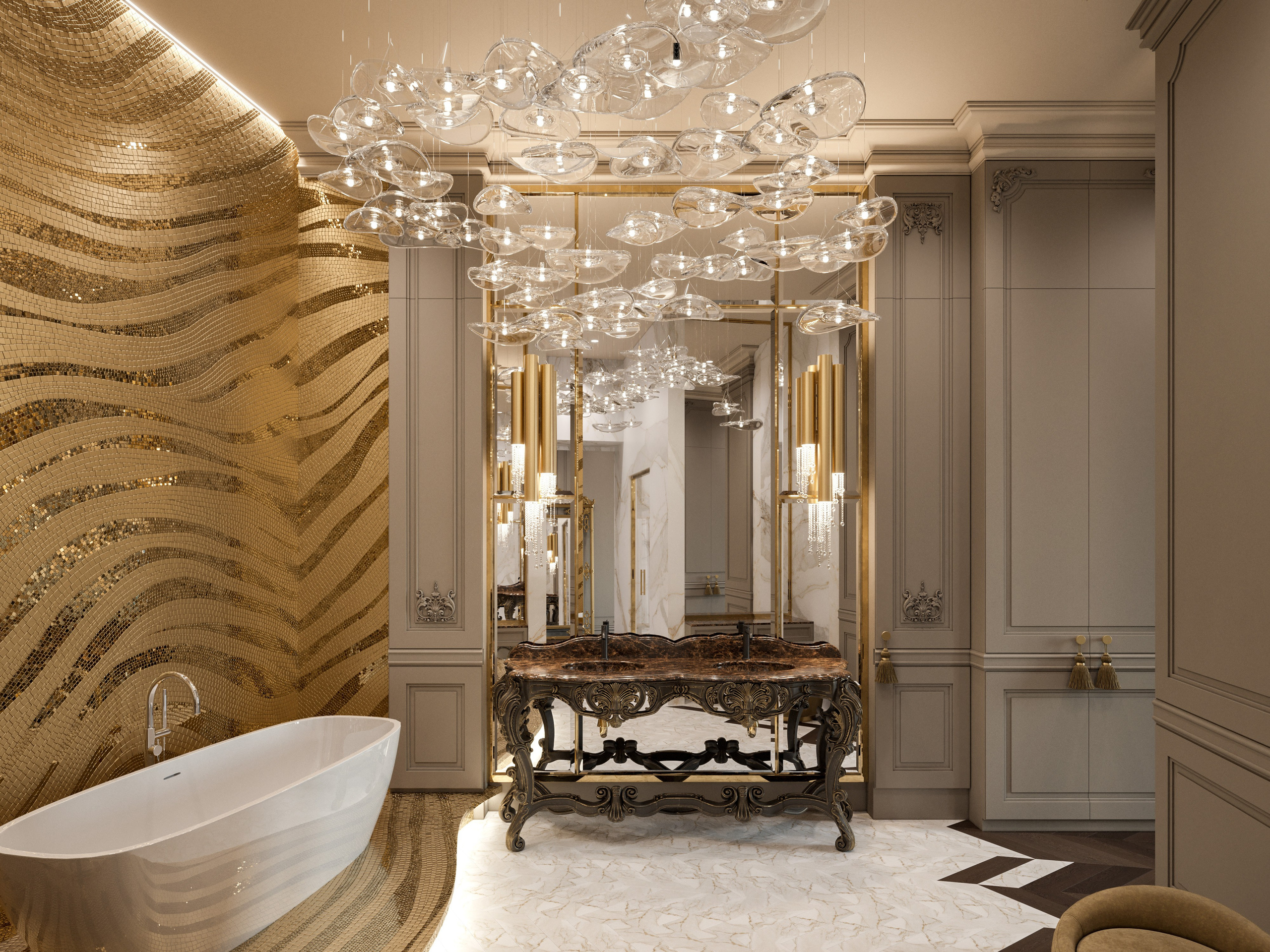 3D визуализация санузла с золотой мозаикой в ванной зоне