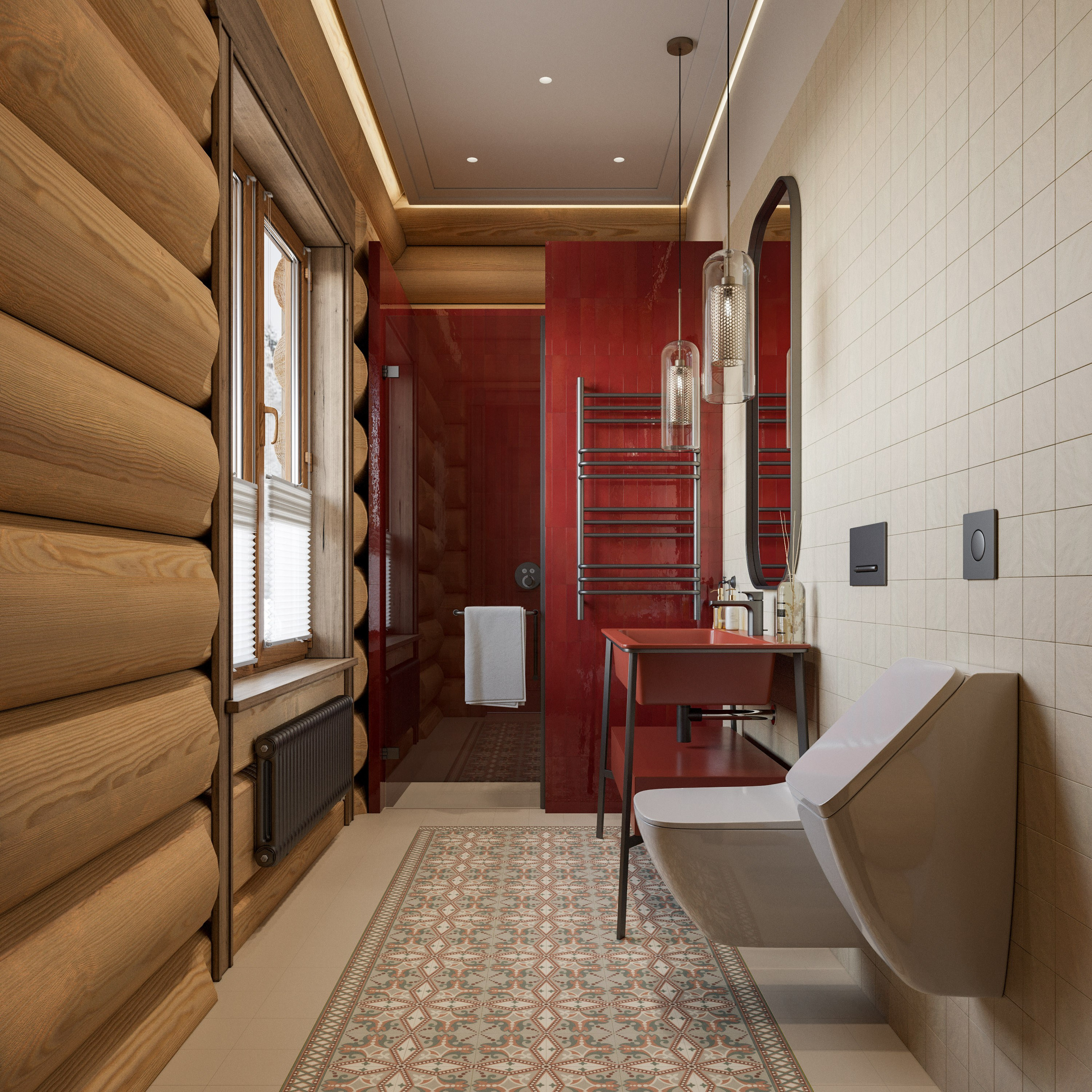 Гостевой санузел в доме из сруба с красной плиткой в душевой и деревянными стенами
