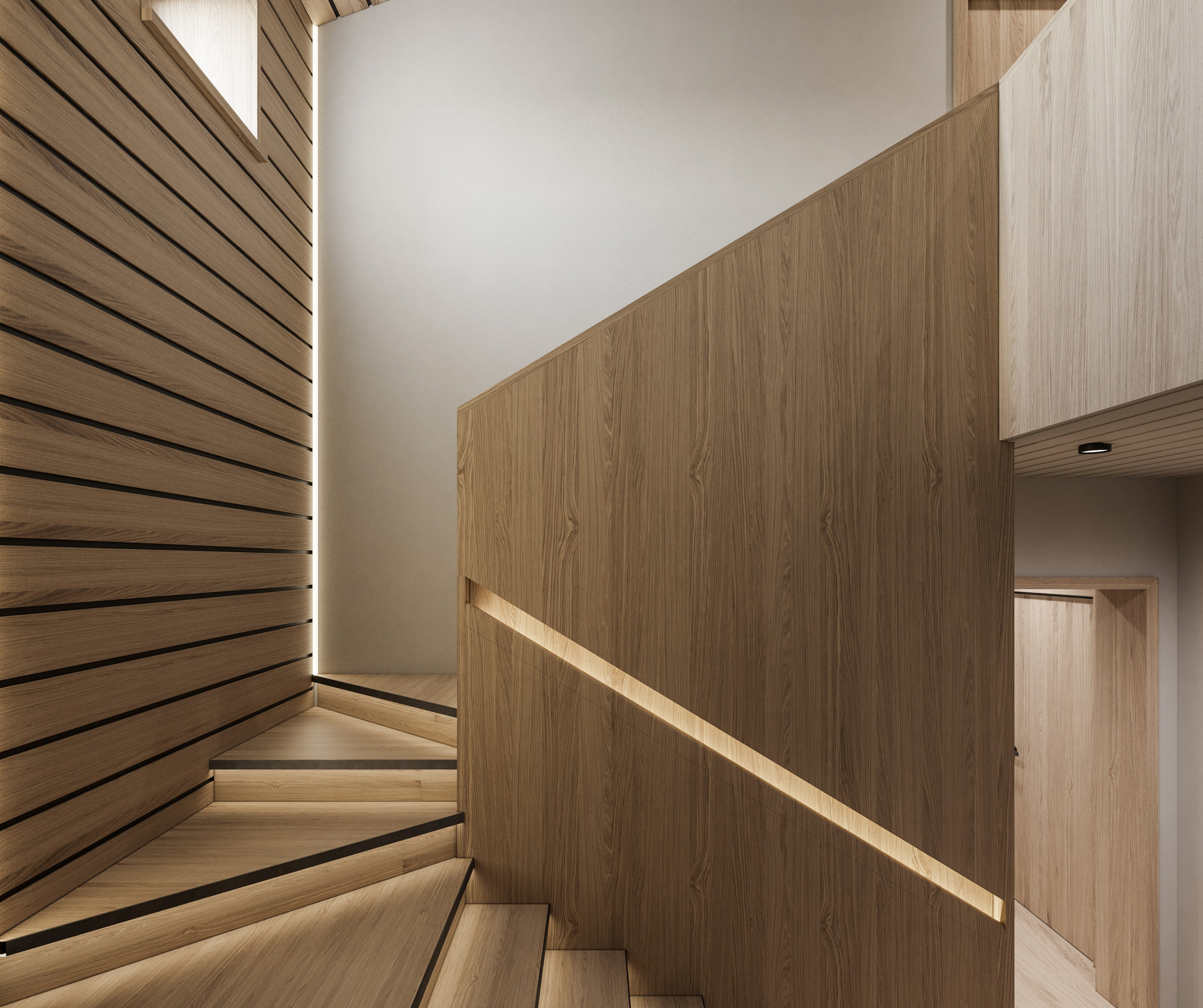 Лестница с деревянными ступенями и встроенной периллой в стену- современный дизайн