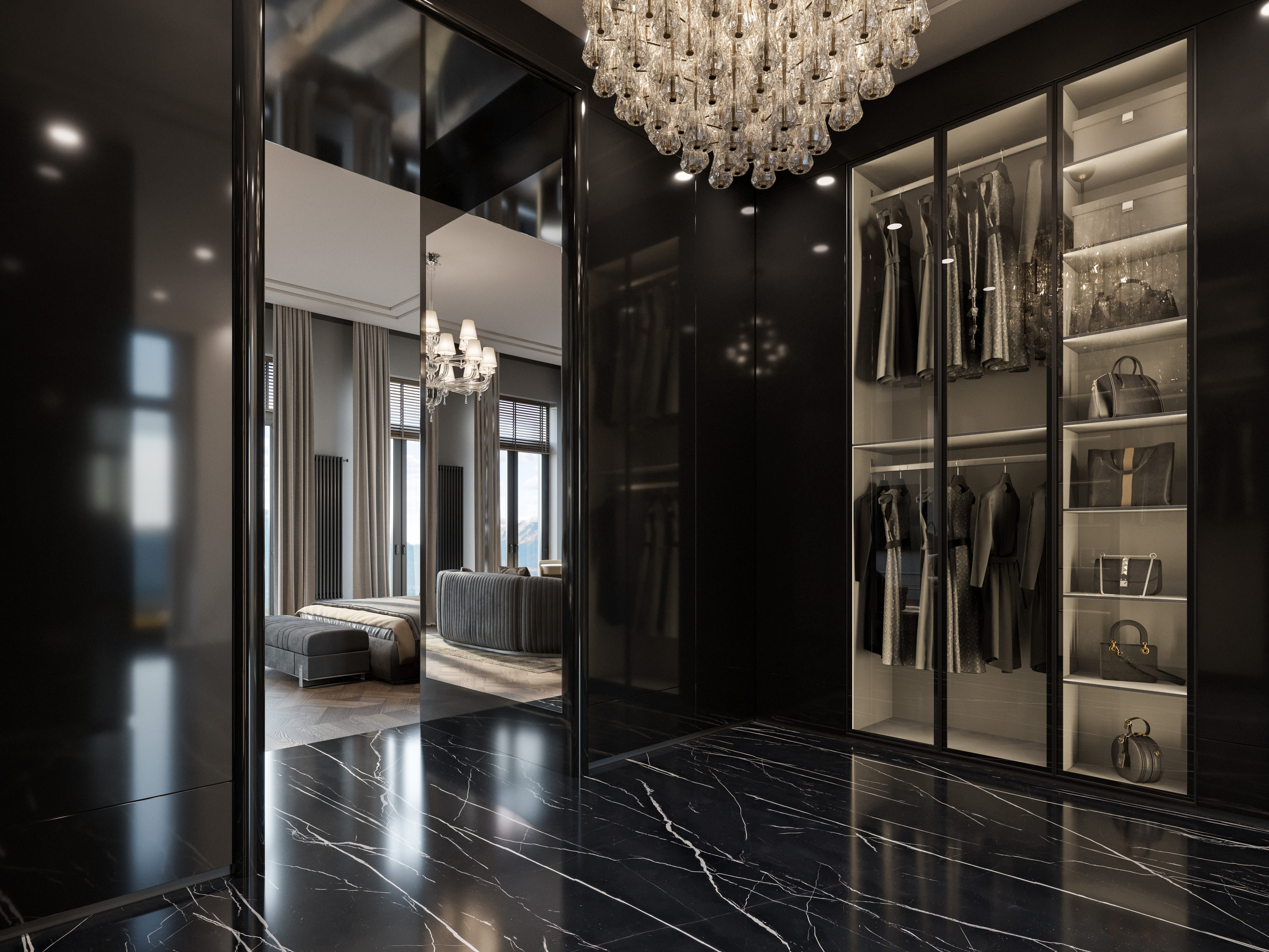 3D визуализация гардеробной в черно-белых тонах с глянцевыми фасадами