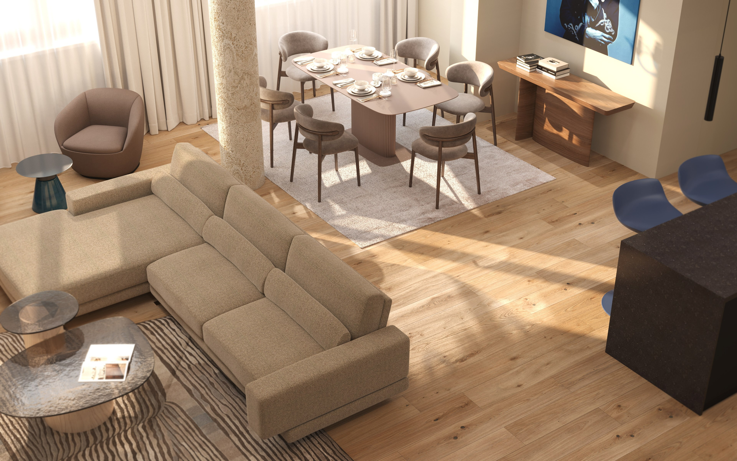 Часть гостиной с диваном Poliform, столовой зоной и акцентной картиной над комодом из массива дуба