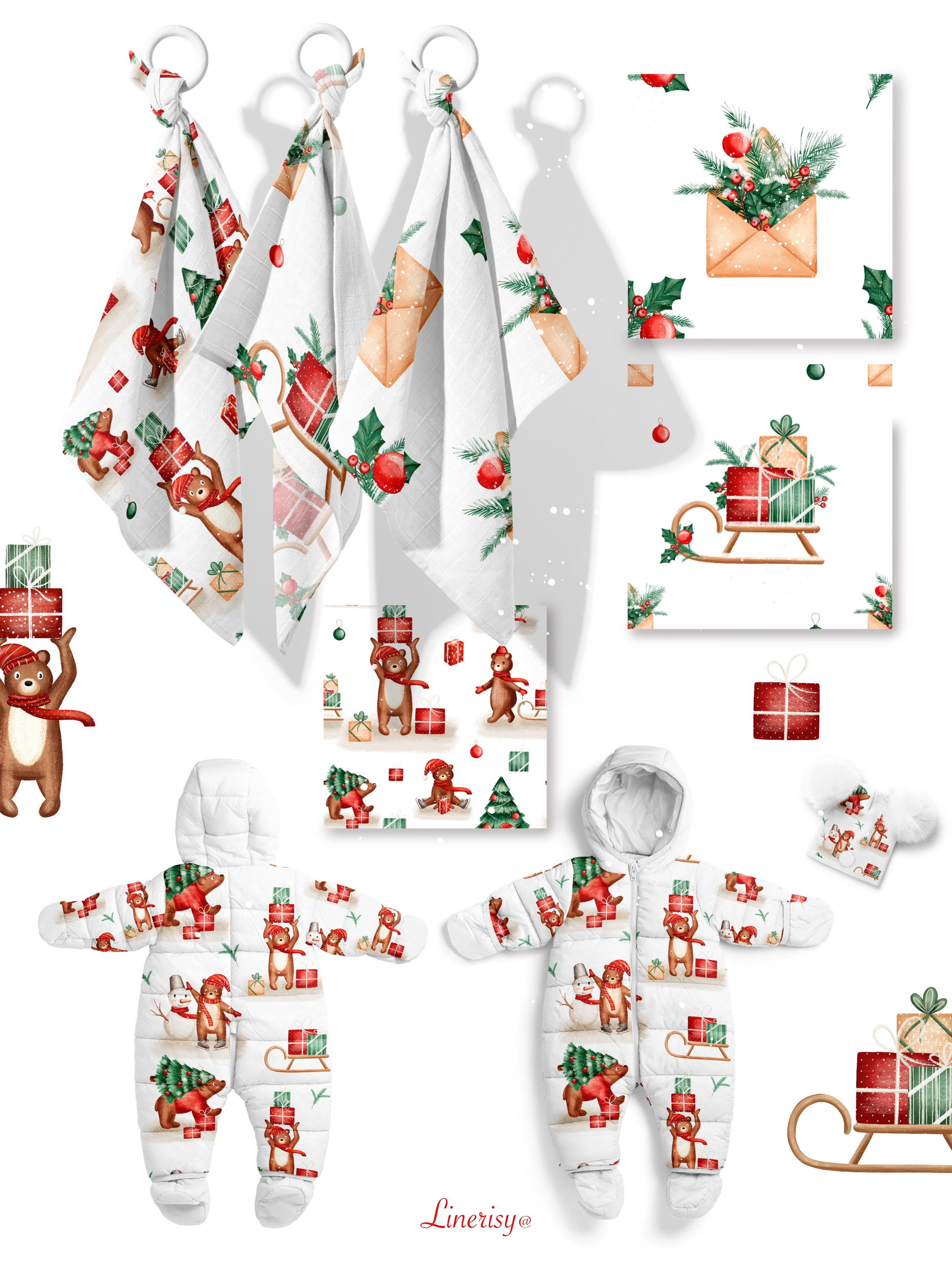 Коллекция «С Новым годом, Мишка» — графические иллюстрации, композиции, постеры и бесшовные паттерны. Художник-иллюстратор Евгения Бекренёва