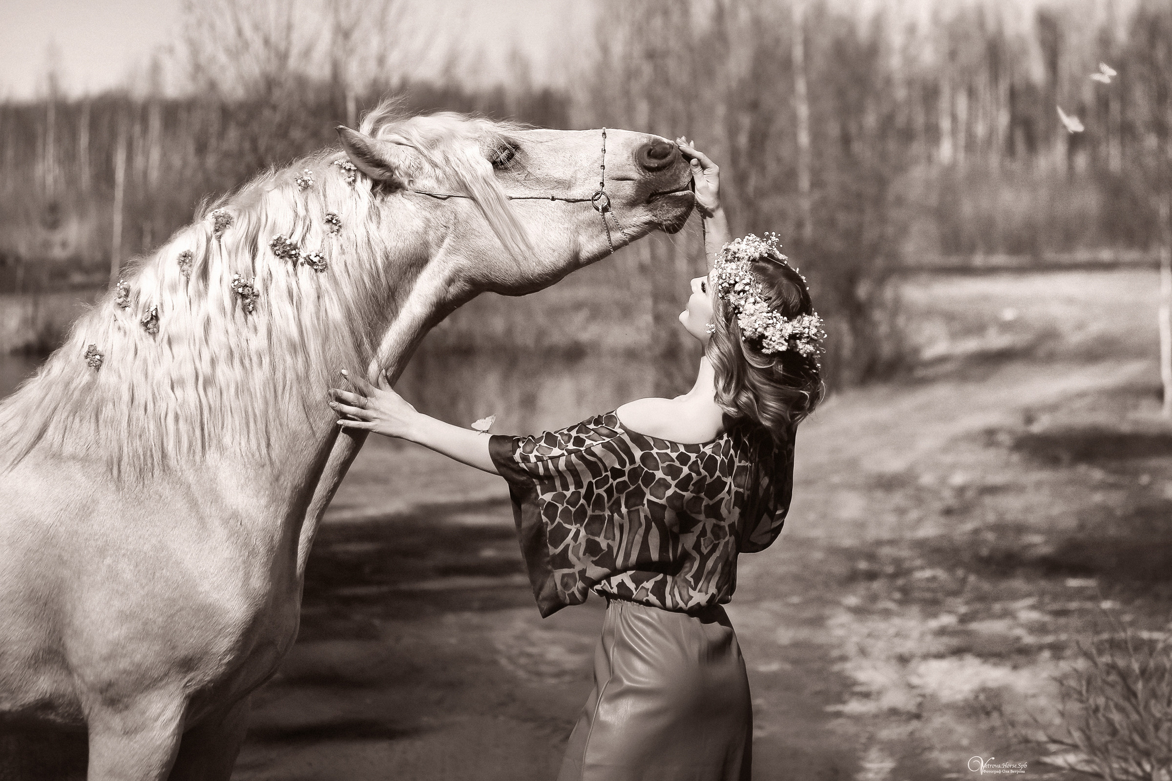 Весенняя конная фотосессия с конем и цветами. Фотограф женский и мужской портрет Санкт-Петербург
