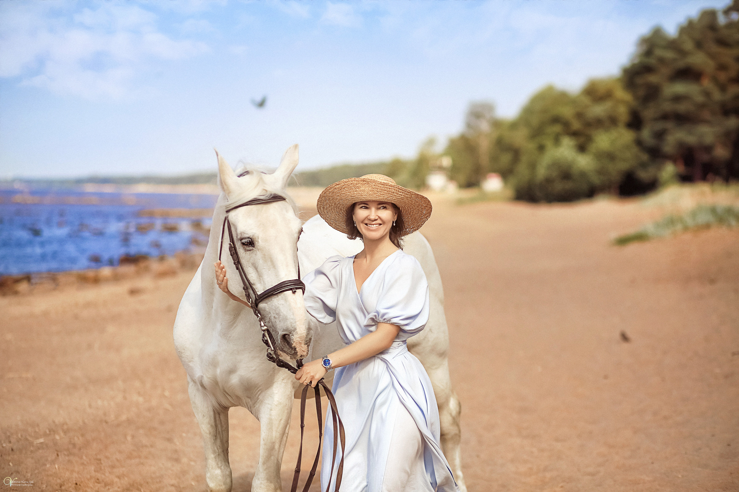 Фотосессия с белым конем на заливе. Фотограф женский и мужской портрет Санкт-Петербург