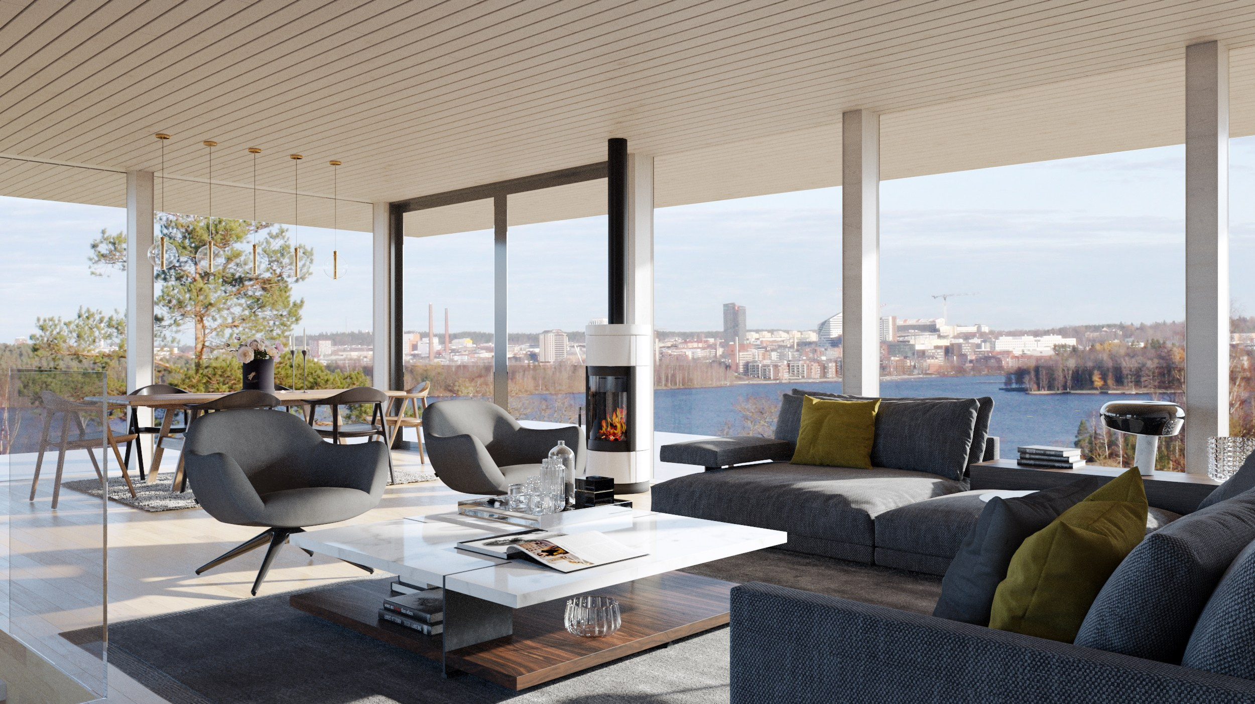 Визуализация светлой гостиной современного дома с панорамными окнами, видом на озеро и город