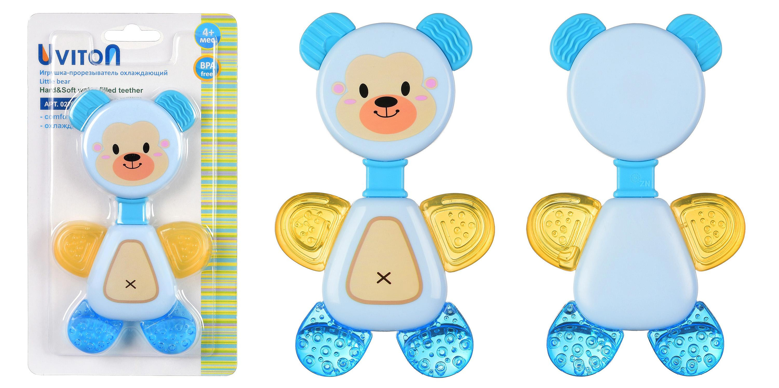 Прорезыватель в виде мишки в упаковке и без упаковки голубого цвета на белом фоне.