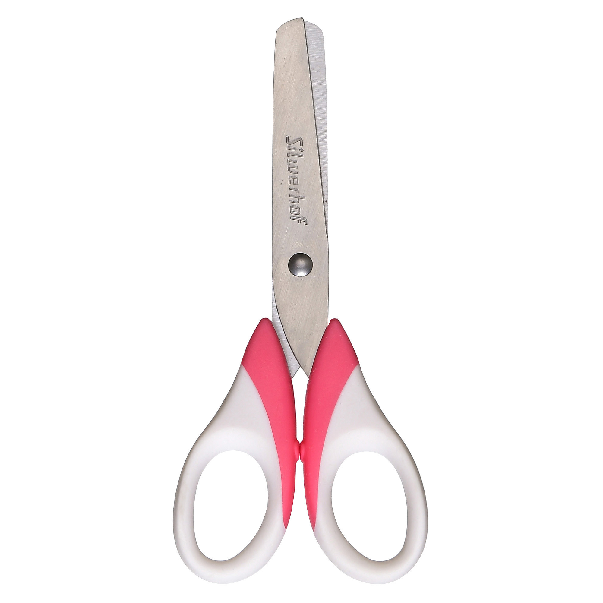ножницы с белыми и розовыми ручками на белом фоне