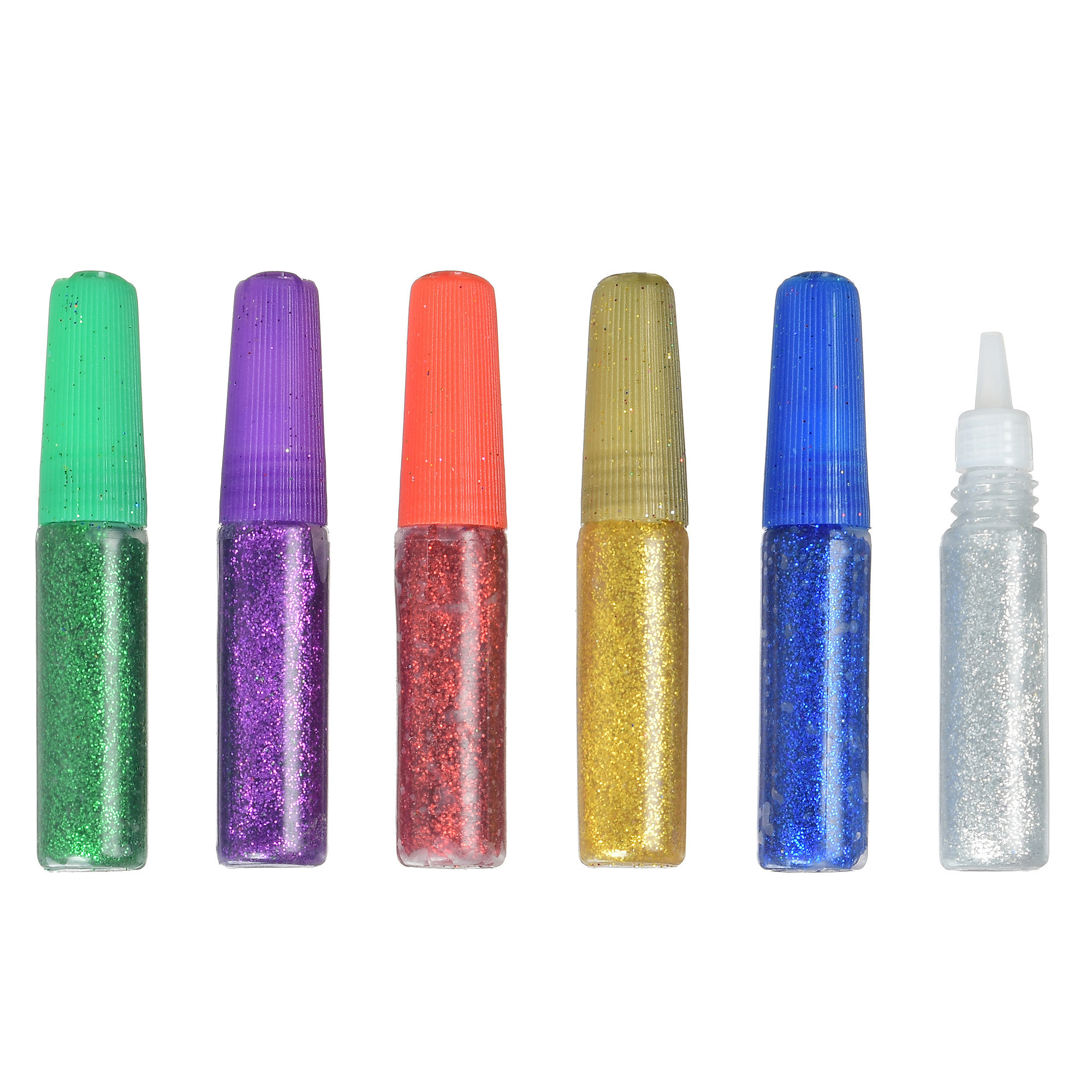 шесть тюбиков с клеем-гелем разных цветов на белом фоне, один тюбик открыт