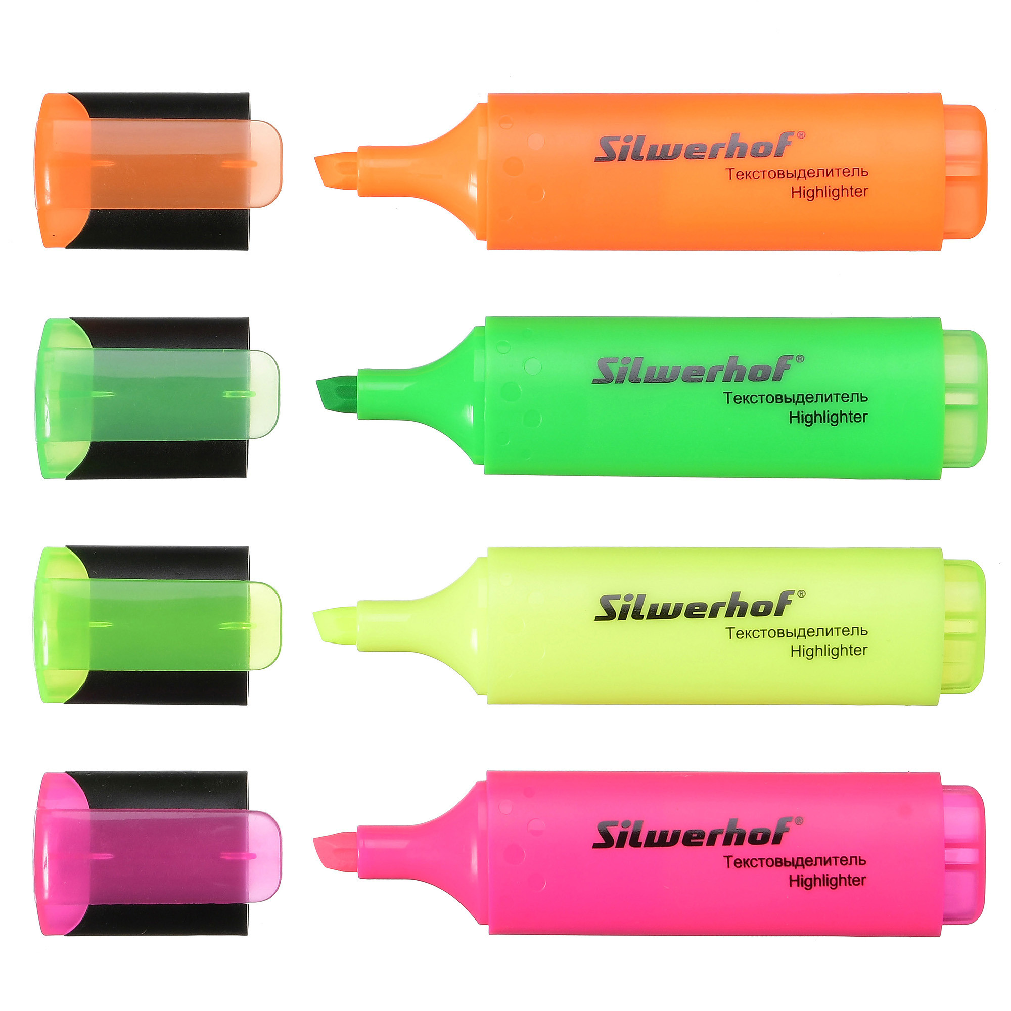 четыре маркера выделителя в открытом виде на белом фоне