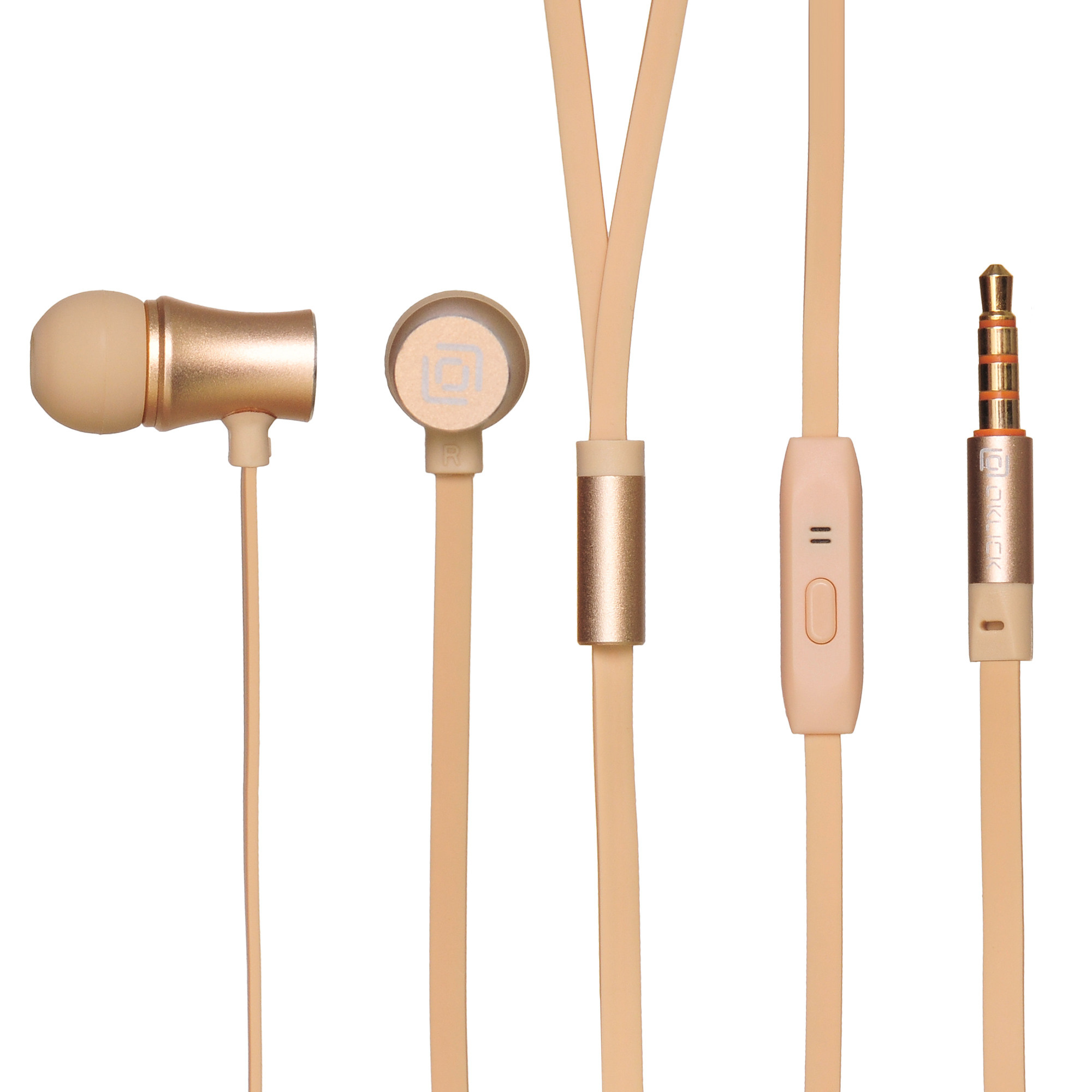Наушники бежевого цвета.
