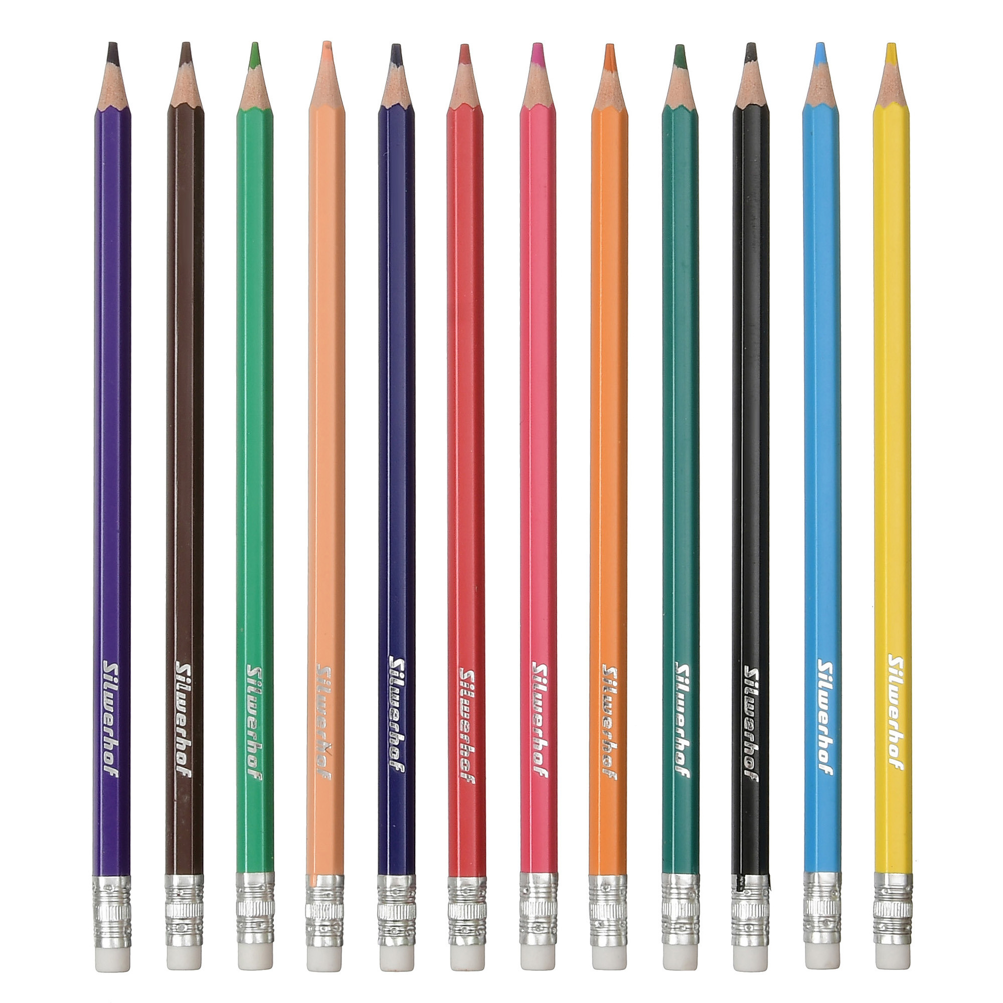 двенадцать карандашей разных цветов на белом фоне